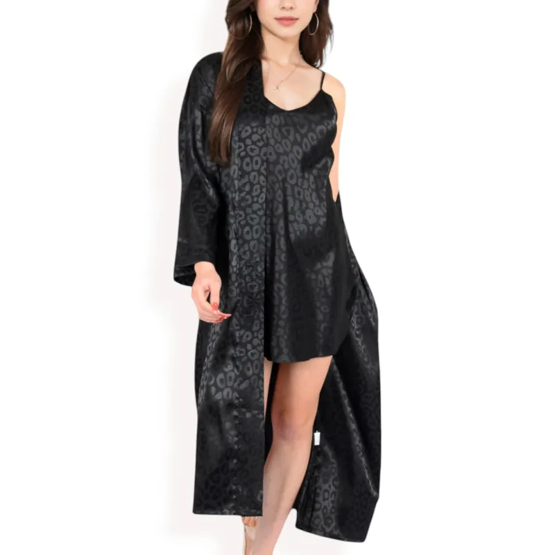 Anna-Kaci Women's Satin Long Robe with Subtle Leopard Jacquard Pattern and Tie Waist- Black,Small sold by Anna-Kaci