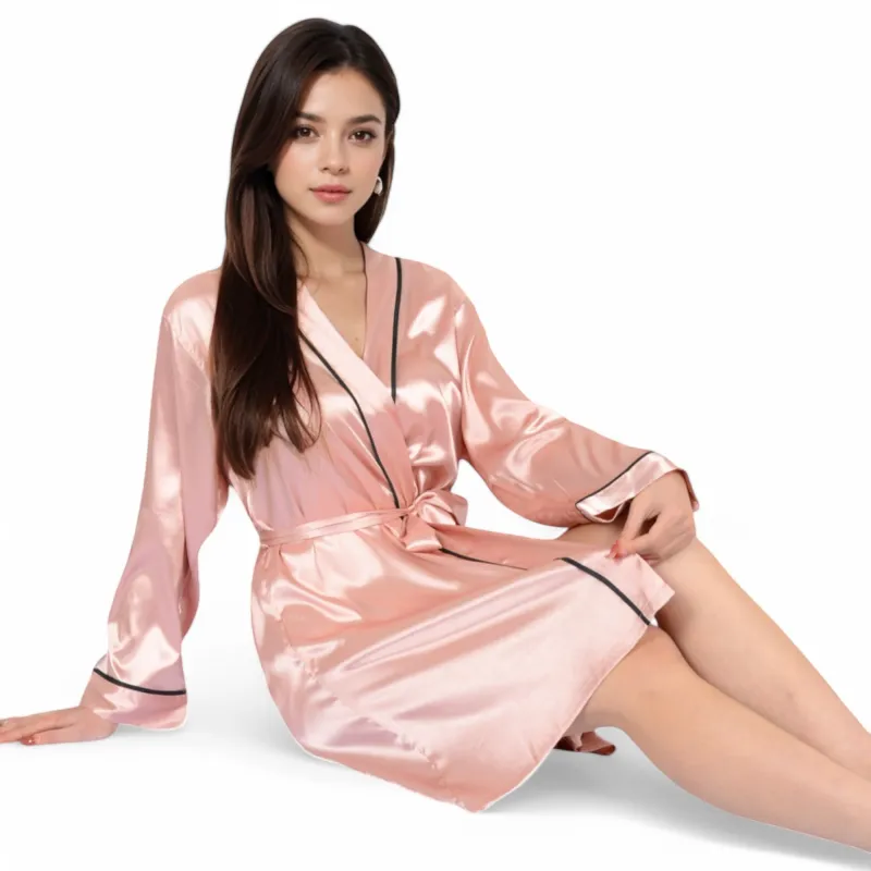 Anna-Kaci Women's Satin Short Robe with Contrast Piping and Tie Waist- Pink,Small sold by Anna-Kaci
