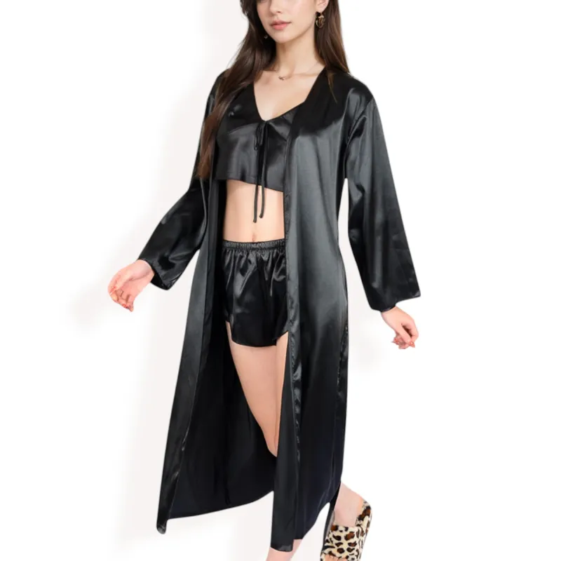 Anna-Kaci Women's Satin Pajama Set with Long Robe, Cami, Shorts, and Tie Waist- Black,Small sold by Anna-Kaci