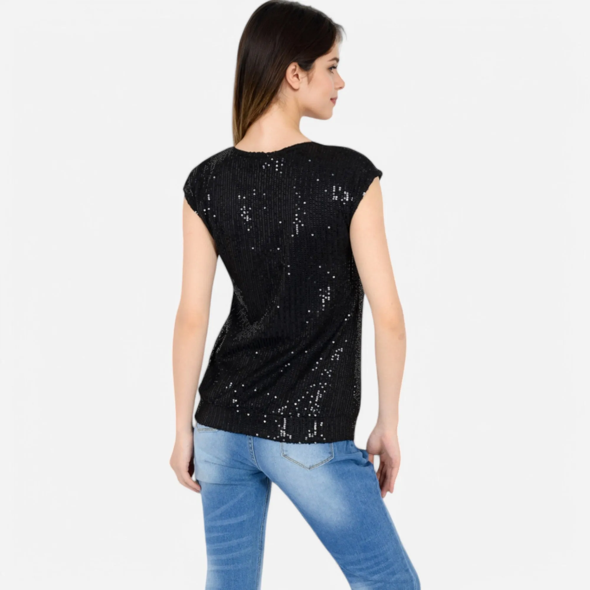 Anna-Kaci Women's Sequin V-Neck Top with Cap Sleeves and Relaxed Fit sold by Anna-Kaci product image thumbnail 5