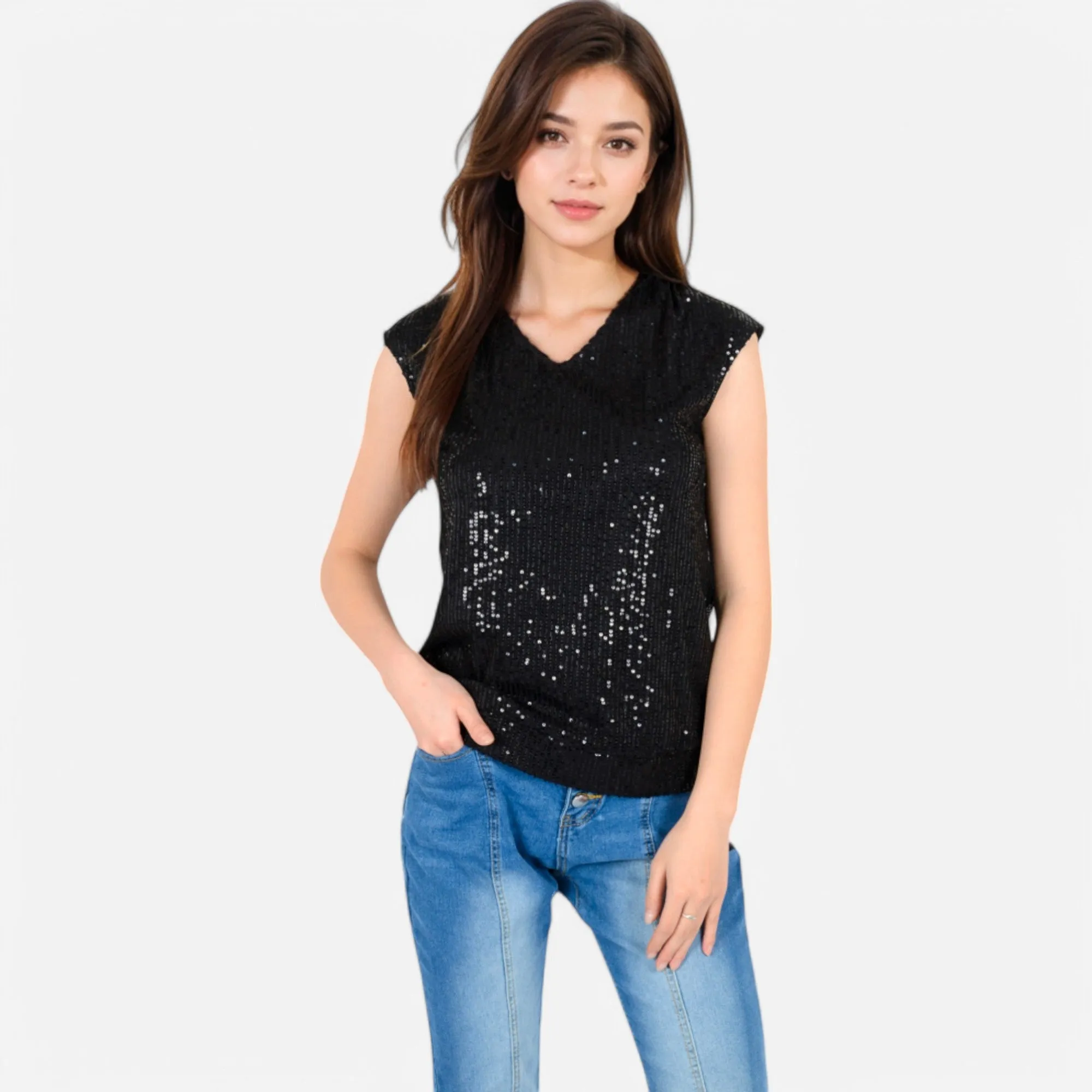 Anna-Kaci Women's Sequin V-Neck Top with Cap Sleeves and Relaxed Fit sold by Anna-Kaci product image thumbnail 2
