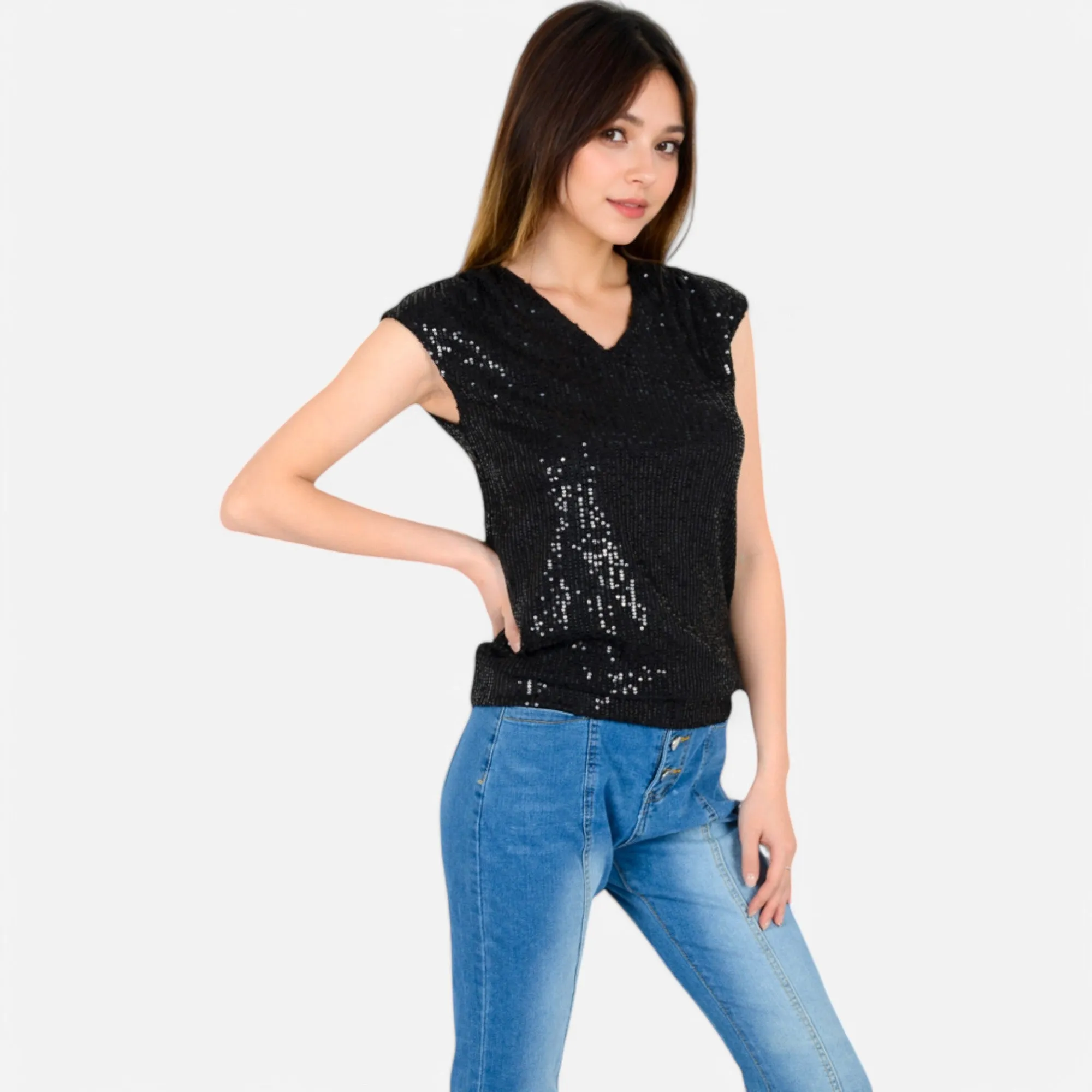 Anna-Kaci Women's Sequin V-Neck Top with Cap Sleeves and Relaxed Fit sold by Anna-Kaci product image thumbnail 3