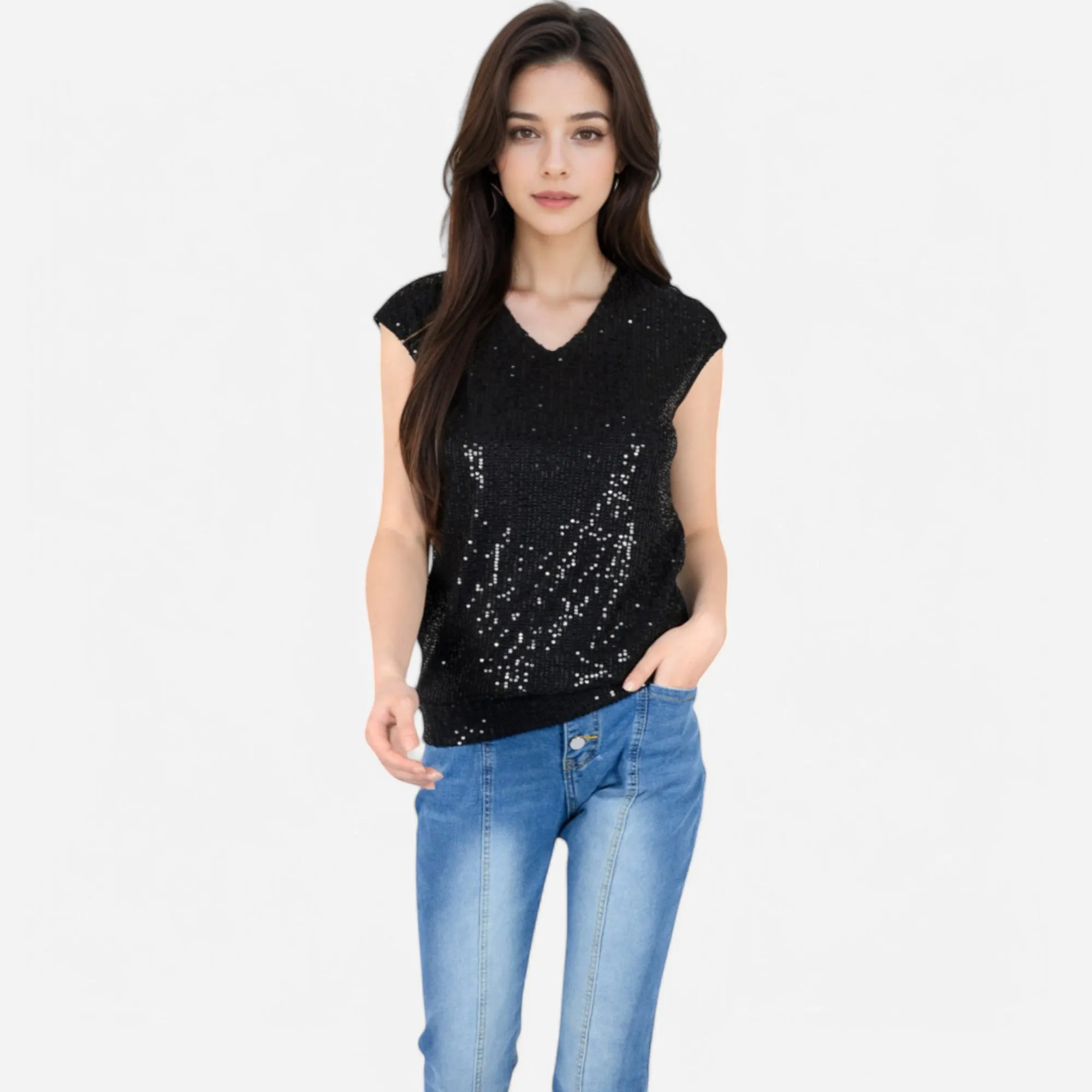 Anna-Kaci Women's Sequin V-Neck Top with Cap Sleeves and Relaxed Fit sold by Anna-Kaci product image thumbnail 4