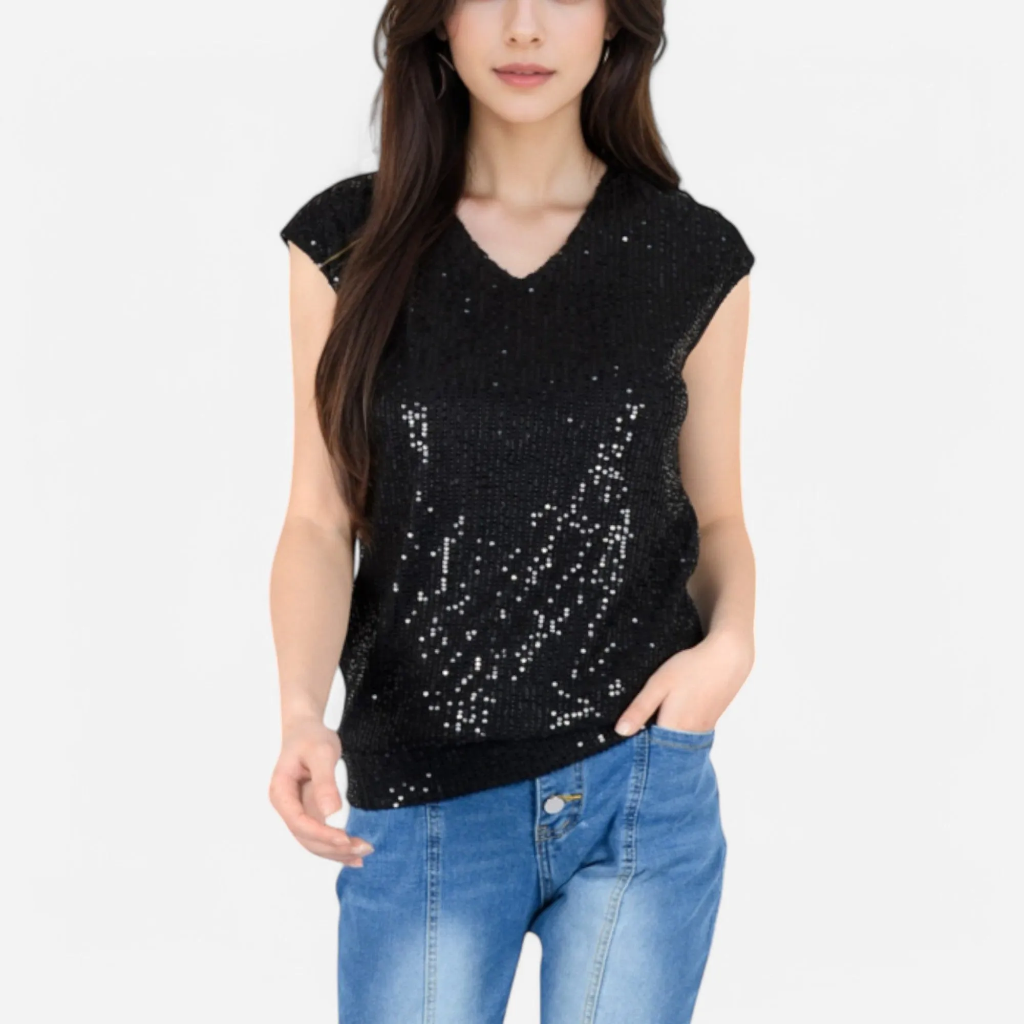 Anna-Kaci Women's Sequin V-Neck Top with Cap Sleeves and Relaxed Fit sold by Anna-Kaci