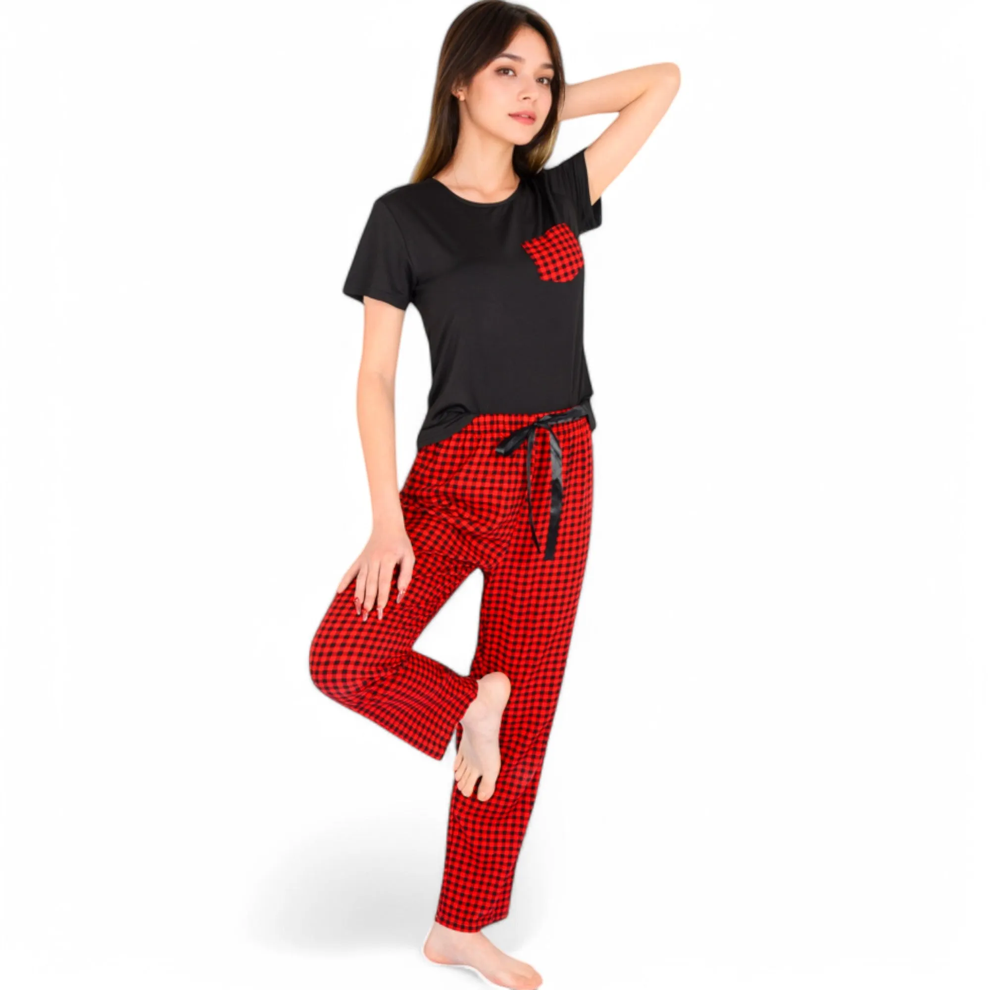 Anna-Kaci Women's Holiday Plaid Pajama Set with Short Sleeve Tie-Front Top and Elastic Waist Pants- Red,Small sold by Anna-Kaci product image thumbnail 4