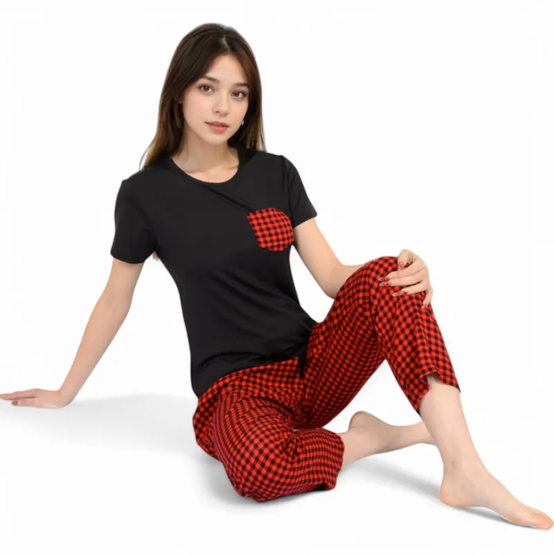 Anna-Kaci Women's Holiday Plaid Pajama Set with Short Sleeve Tie-Front Top and Elastic Waist Pants- Red,Small sold by Anna-Kaci