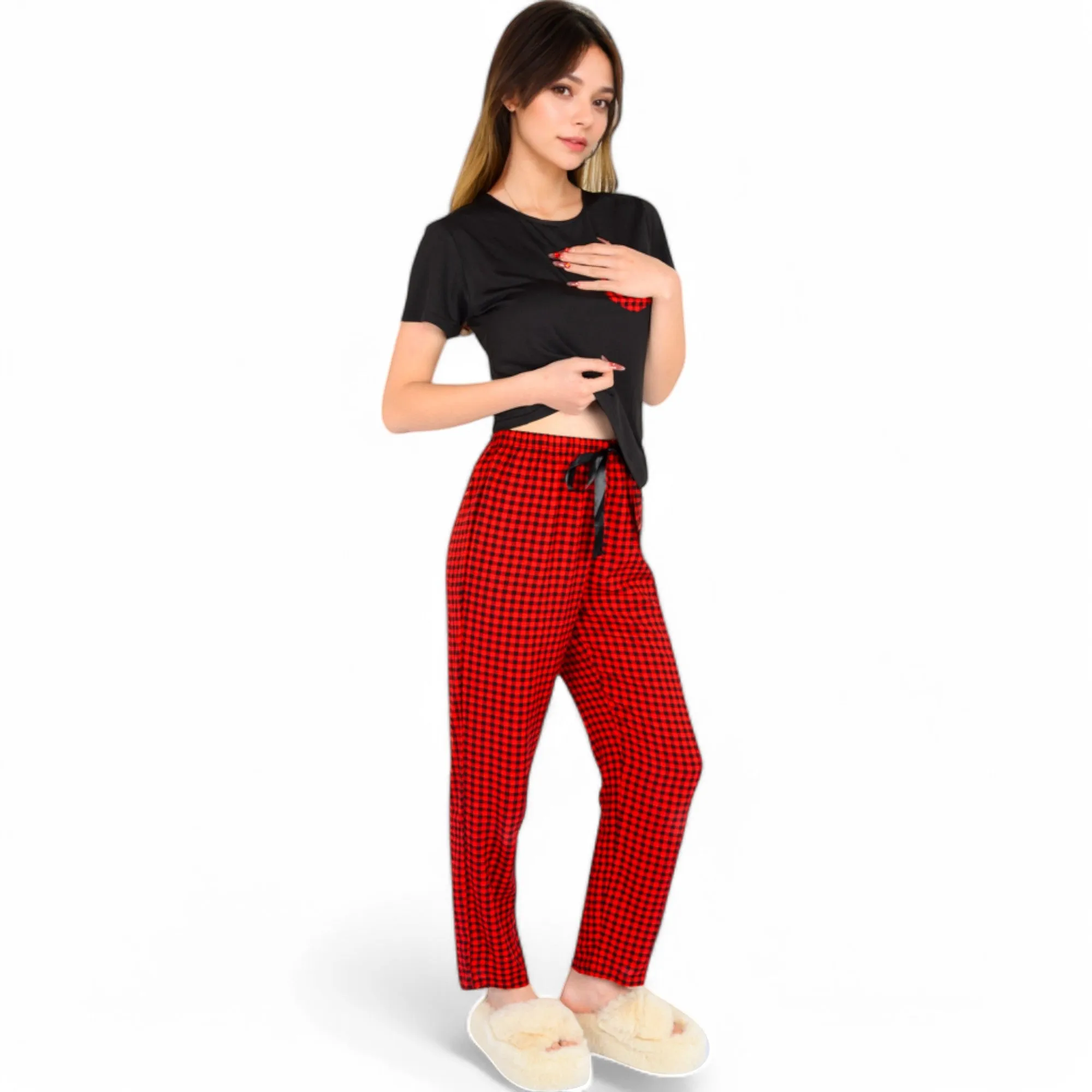 Anna-Kaci Women's Holiday Plaid Pajama Set with Short Sleeve Tie-Front Top and Elastic Waist Pants- Red,Small sold by Anna-Kaci product image thumbnail 3