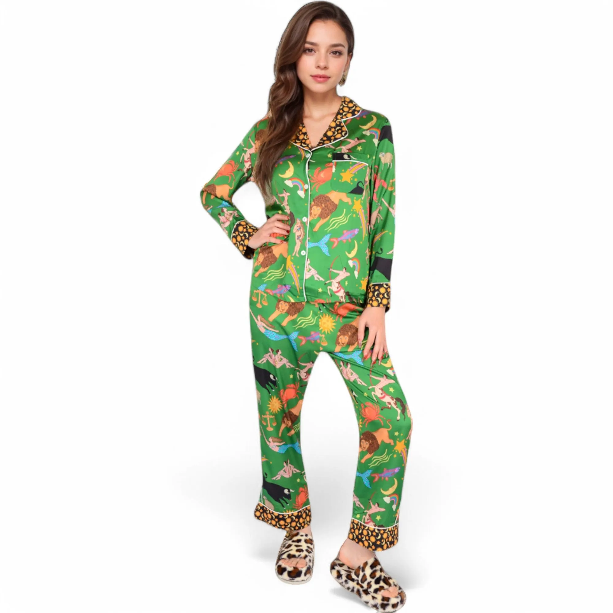 Anna-Kaci Women's Satin Zodiac Print Pajama Set with Button-Up Top and Relaxed Fit Pants- Green,Small sold by Anna-Kaci product image thumbnail 3