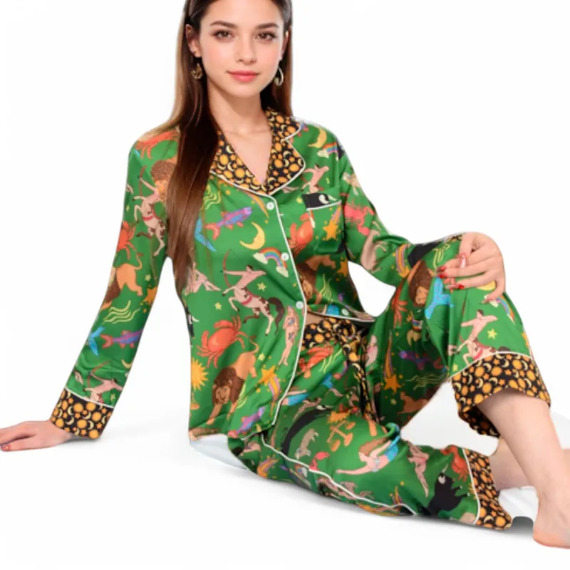 Anna-Kaci Women's Satin Zodiac Print Pajama Set with Button-Up Top and Relaxed Fit Pants- Green,Small sold by Anna-Kaci