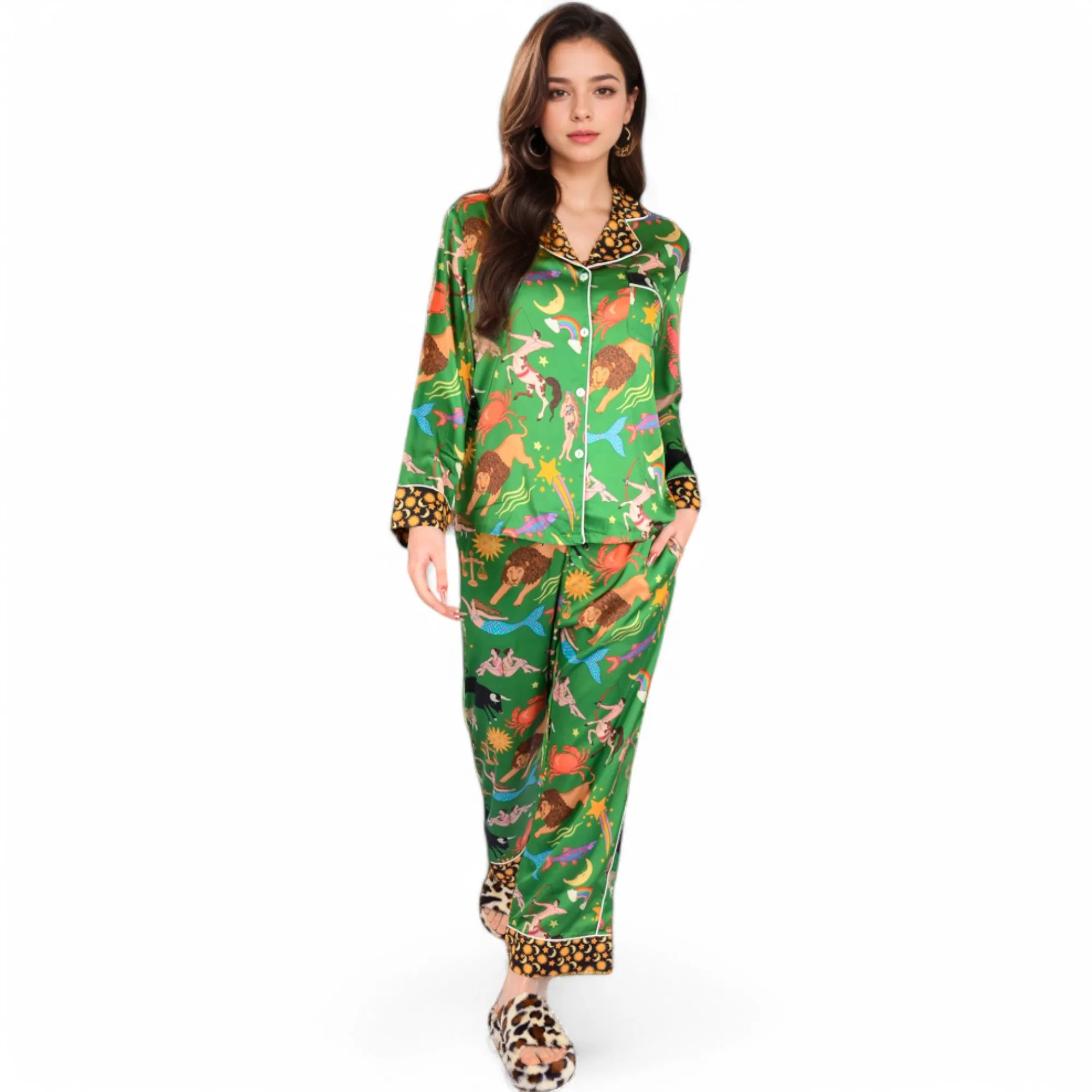 Anna-Kaci Women's Satin Zodiac Print Pajama Set with Button-Up Top and Relaxed Fit Pants- Green,Small sold by Anna-Kaci product image thumbnail 2