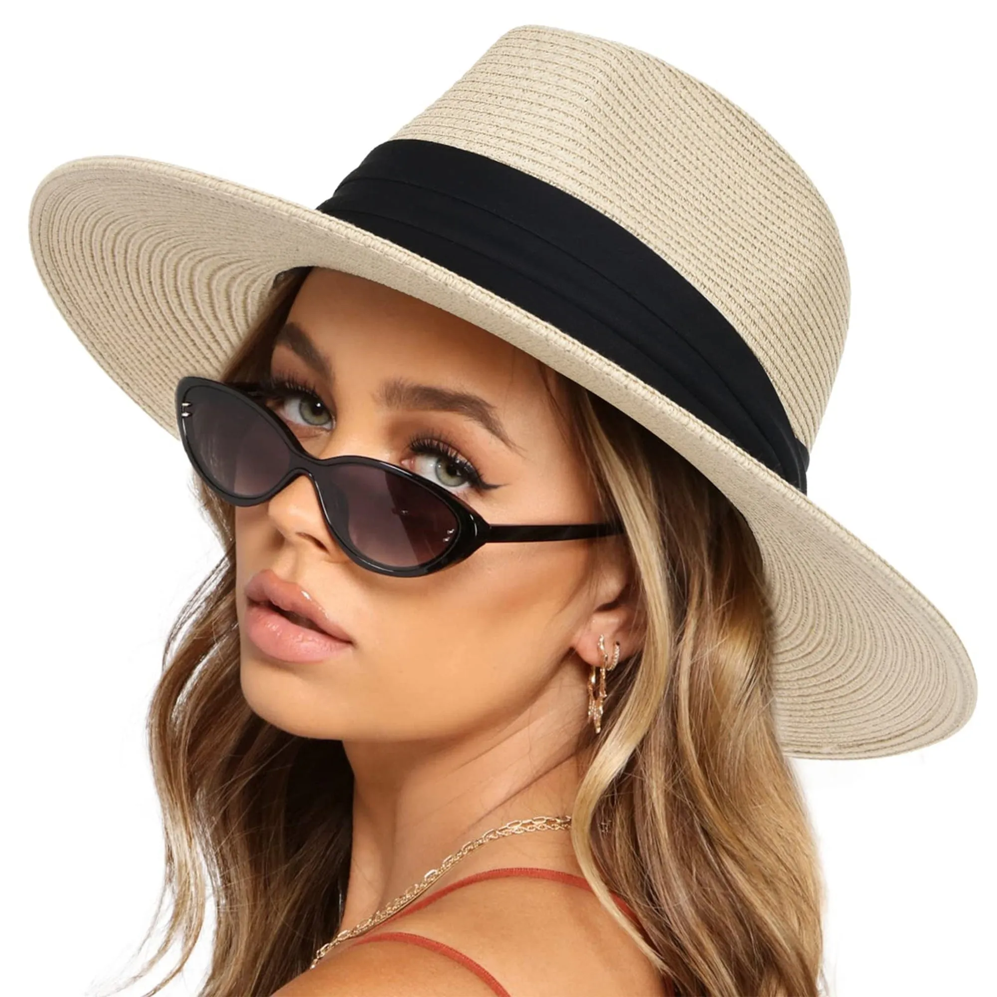 Anna-Kaci Wide Brim Straw Fedora Sun Hat with Black Band Lightweight Packable Summer Panama Hat for UV Protection sold by Anna-Kaci