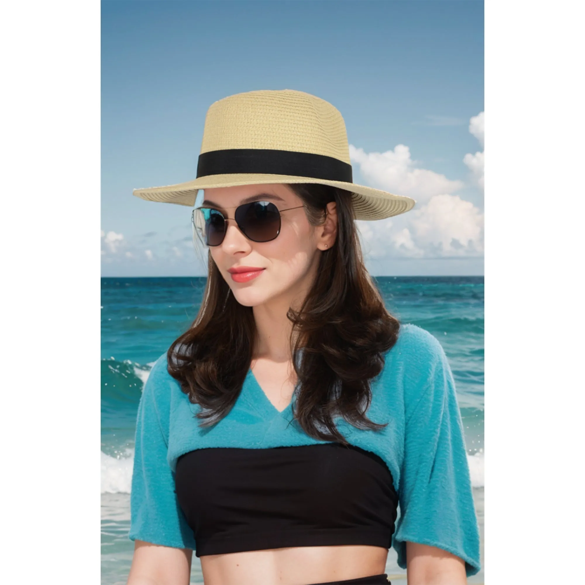 Anna-Kaci Wide Brim Straw Fedora Sun Hat with Black Band Lightweight Packable Summer Panama Hat for UV Protection sold by Anna-Kaci product image thumbnail 2