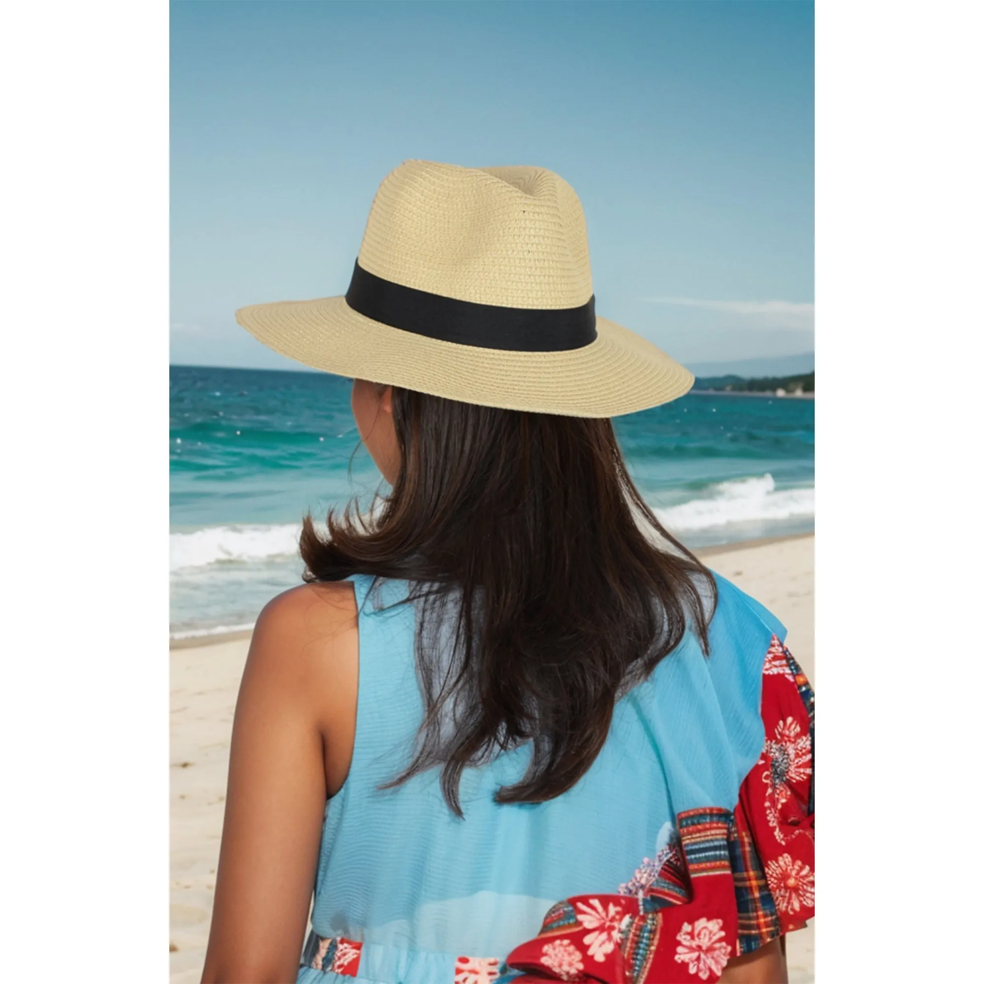 Anna-Kaci Wide Brim Straw Fedora Sun Hat with Black Band Lightweight Packable Summer Panama Hat for UV Protection sold by Anna-Kaci product image thumbnail 3