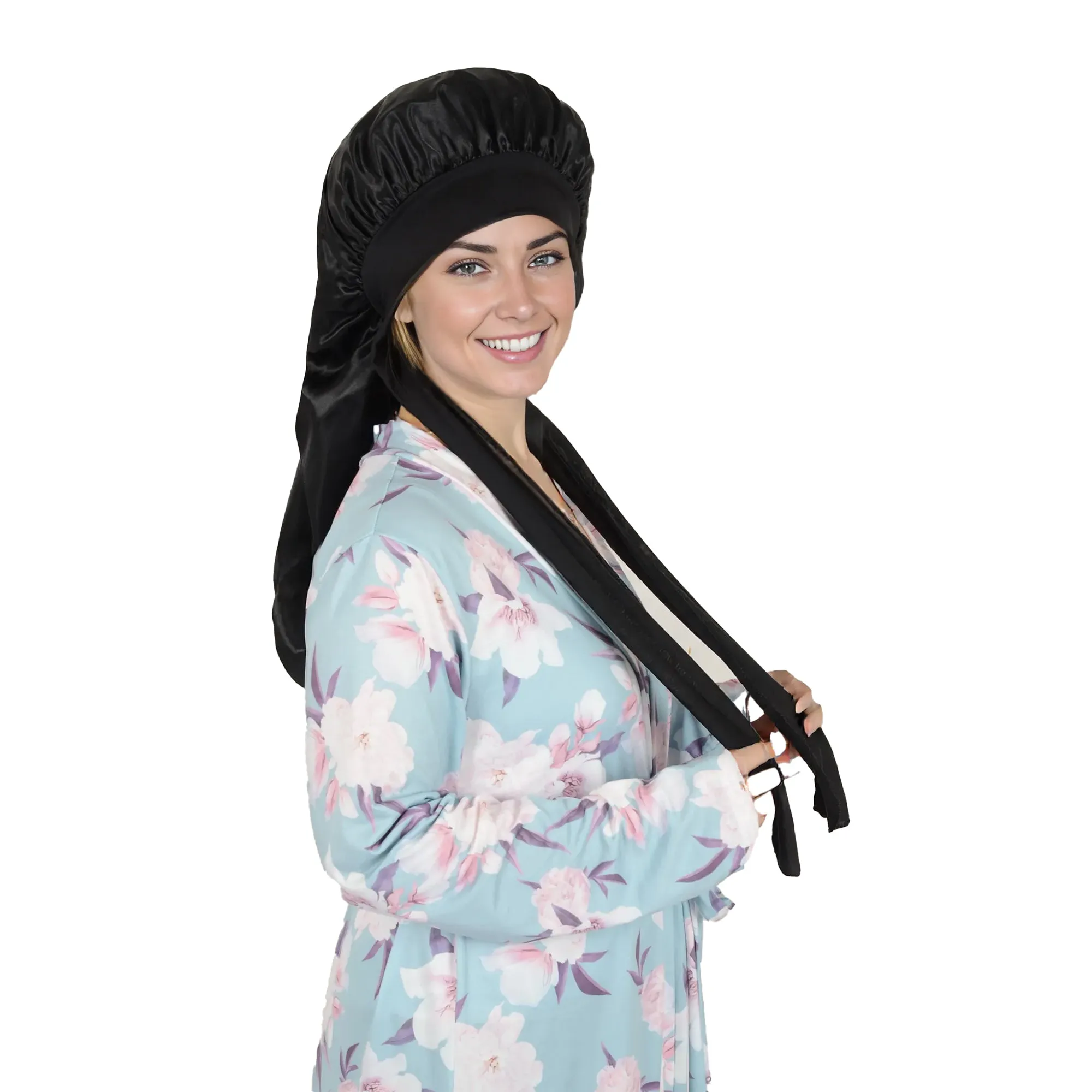 Anna-Kaci Satin Long Bonnet Sleep Cap with Stretch Turban Band for Hair Protection and Moisture Retention sold by Anna-Kaci product image thumbnail 3