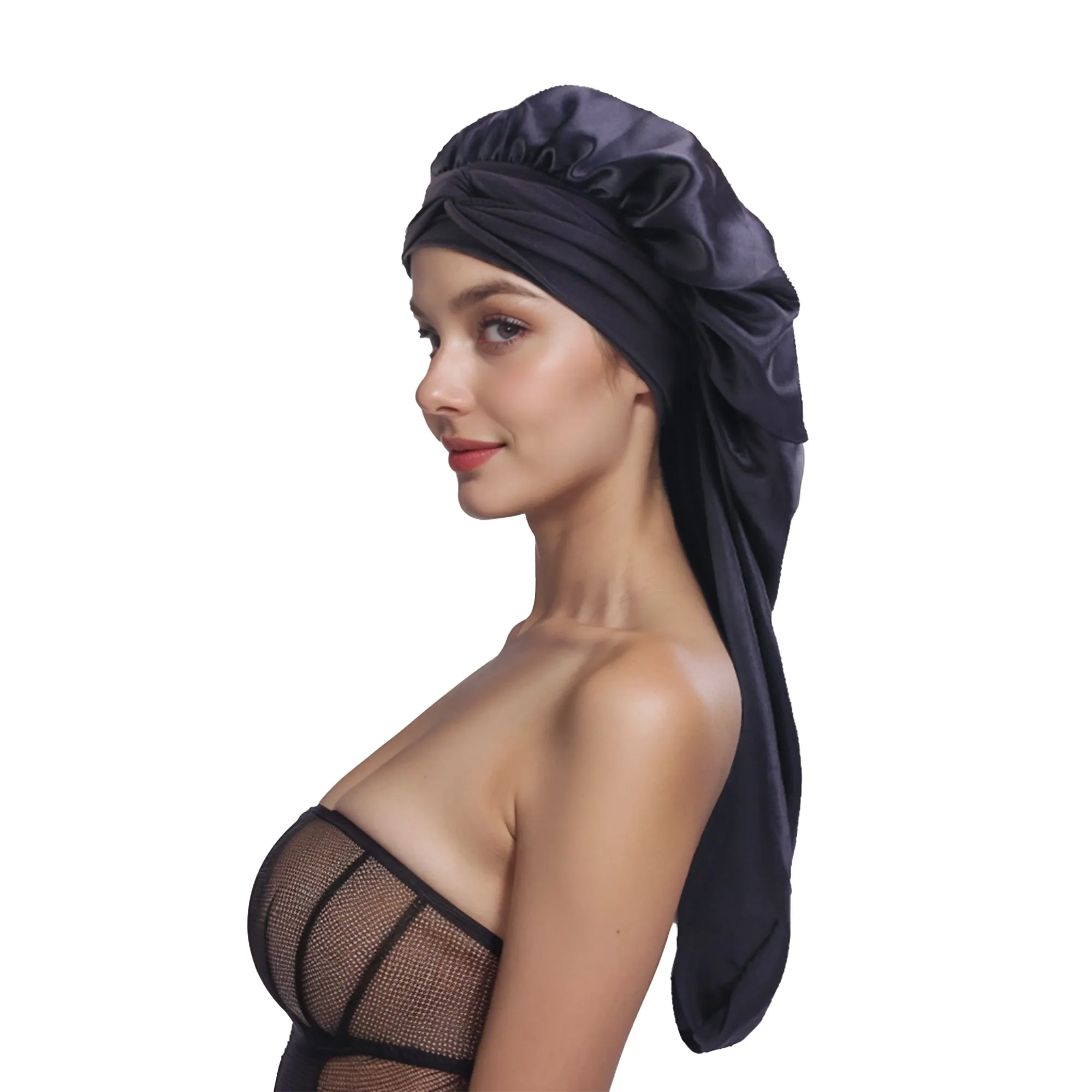 Anna-Kaci Satin Long Bonnet Sleep Cap with Stretch Turban Band for Hair Protection and Moisture Retention sold by Anna-Kaci