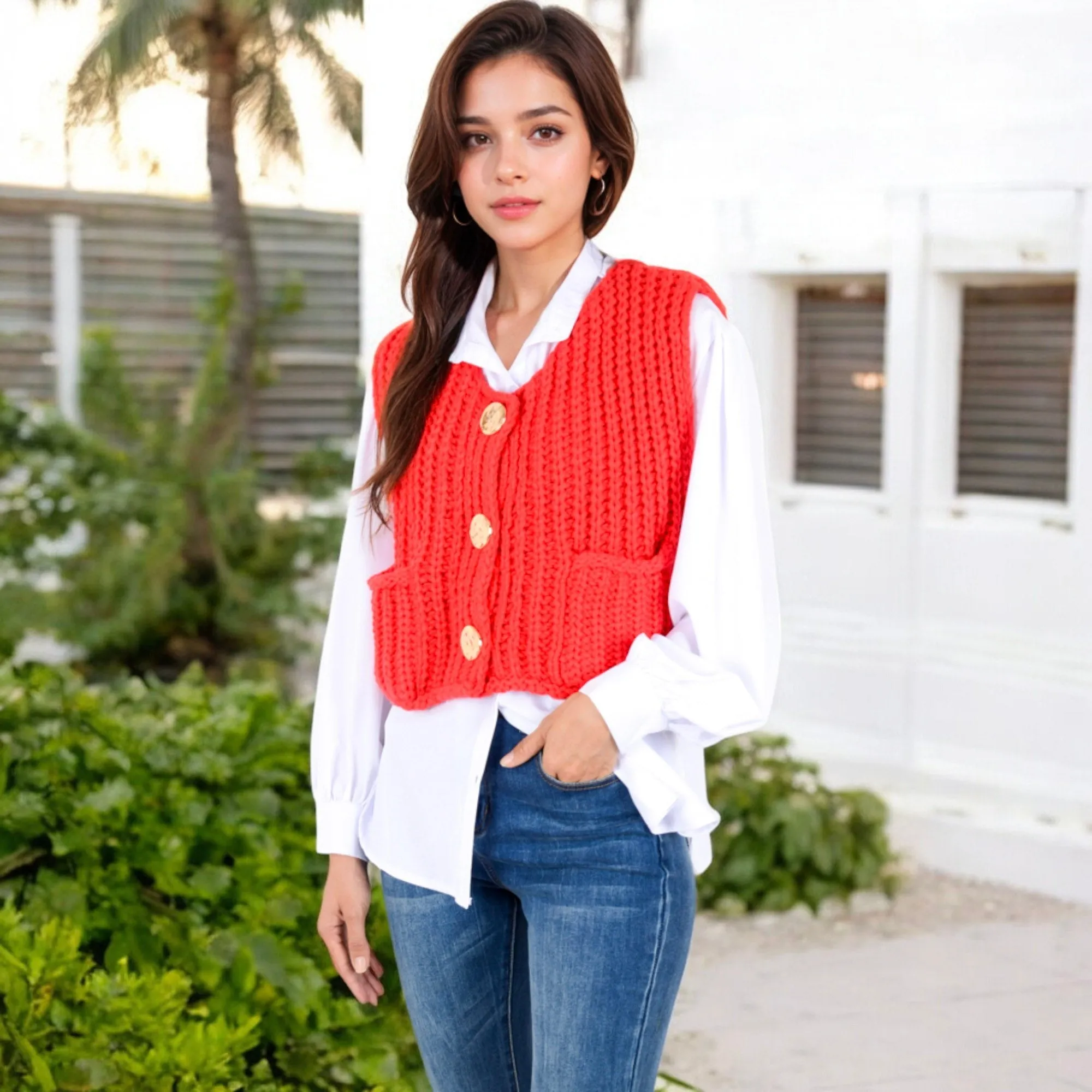 Anna-Kaci Women's Chunky Knit Vest with Oversized Buttons and Front Pockets sold by Anna-Kaci product image thumbnail 3