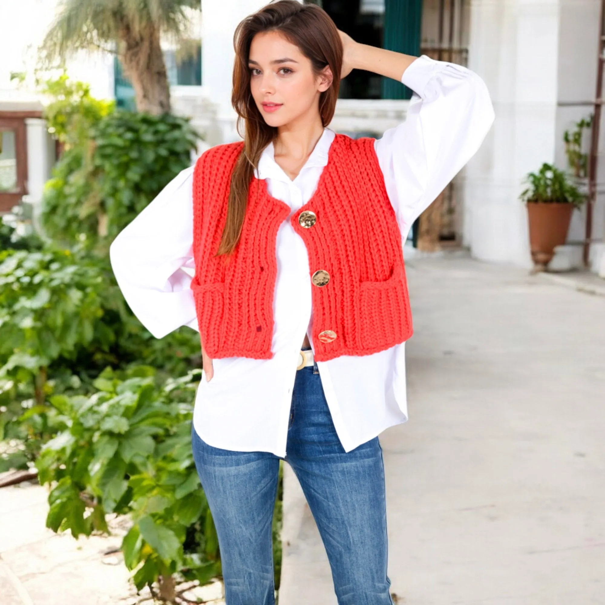 Anna-Kaci Women's Chunky Knit Vest with Oversized Buttons and Front Pockets sold by Anna-Kaci product image thumbnail 4