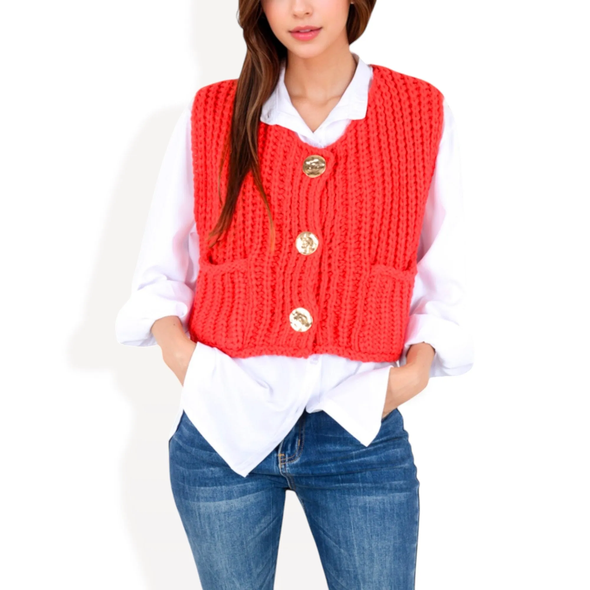Anna-Kaci Women's Chunky Knit Vest with Oversized Buttons and Front Pockets sold by Anna-Kaci
