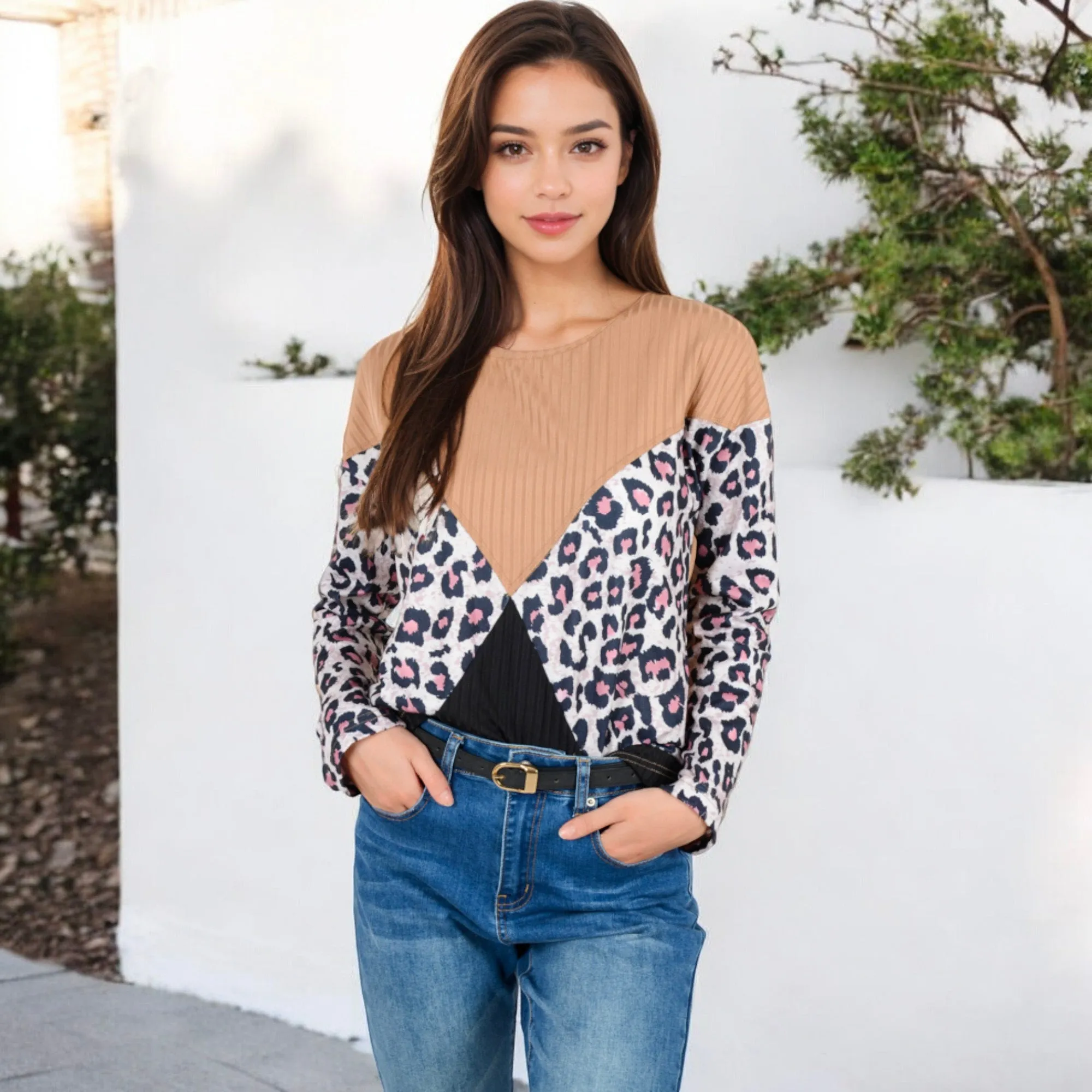 Anna-Kaci Women's Long Sleeve Ribbed Knit Top with Leopard Print Contrast and V-Cut Design sold by Anna-Kaci product image thumbnail 4