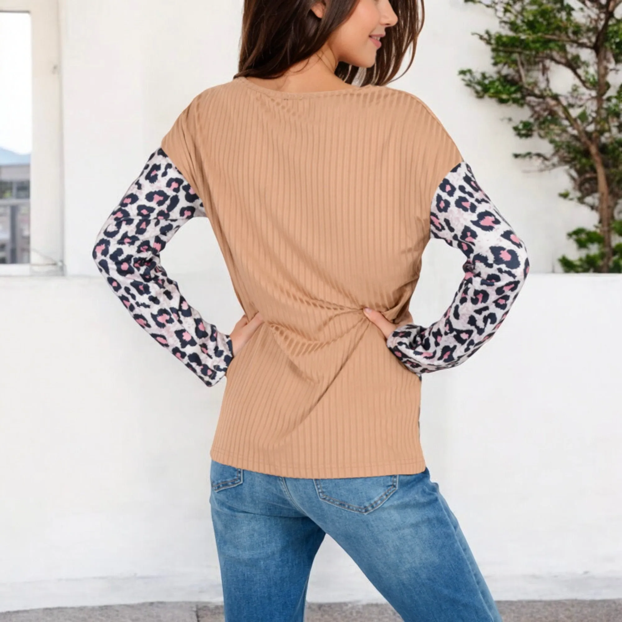 Anna-Kaci Women's Long Sleeve Ribbed Knit Top with Leopard Print Contrast and V-Cut Design sold by Anna-Kaci product image thumbnail 5