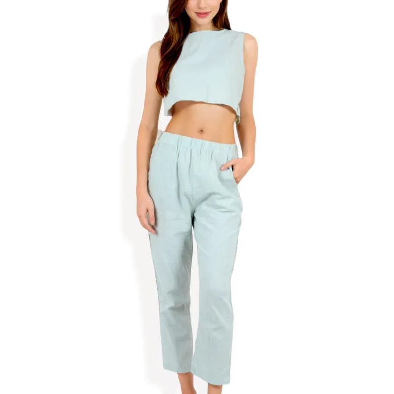 Anna-Kaci Women's Two-Piece Sleeveless Crop Top and Elastic Waist Tapered Pants Set with Pockets sold by Anna-Kaci