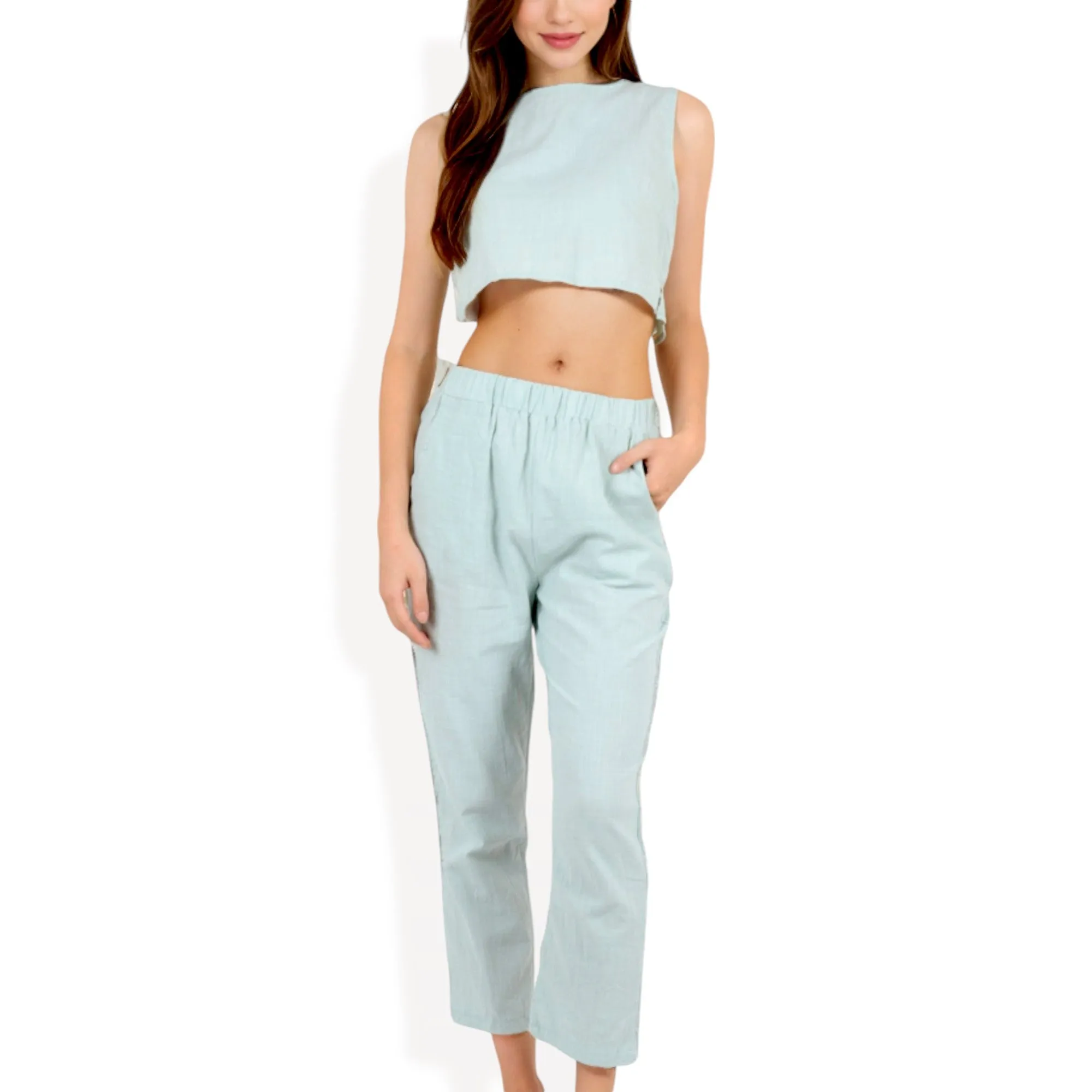Anna-Kaci Women's Two-Piece Sleeveless Crop Top and Elastic Waist Tapered Pants Set with Pockets sold by Anna-Kaci