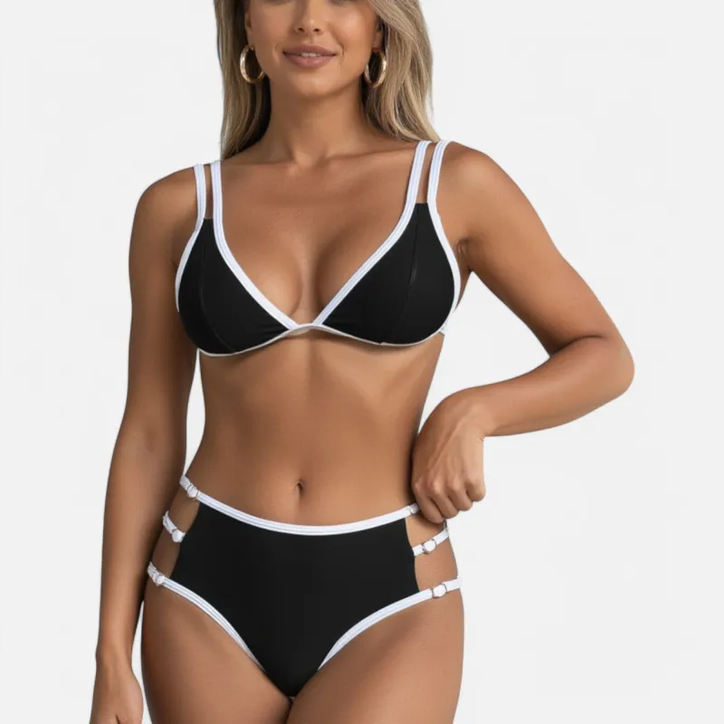 Anna-Kaci Swim Women's High Waist Bikini Set with Double Strap Triangle Top and Side Ring Strap Bottoms sold by Anna-Kaci