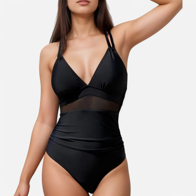 Anna-Kaci Swim Women's Mesh Panel One Piece Swimsuit with Double Spaghetti Straps and Flattering Ruched Waist made by Anna-Kaci
