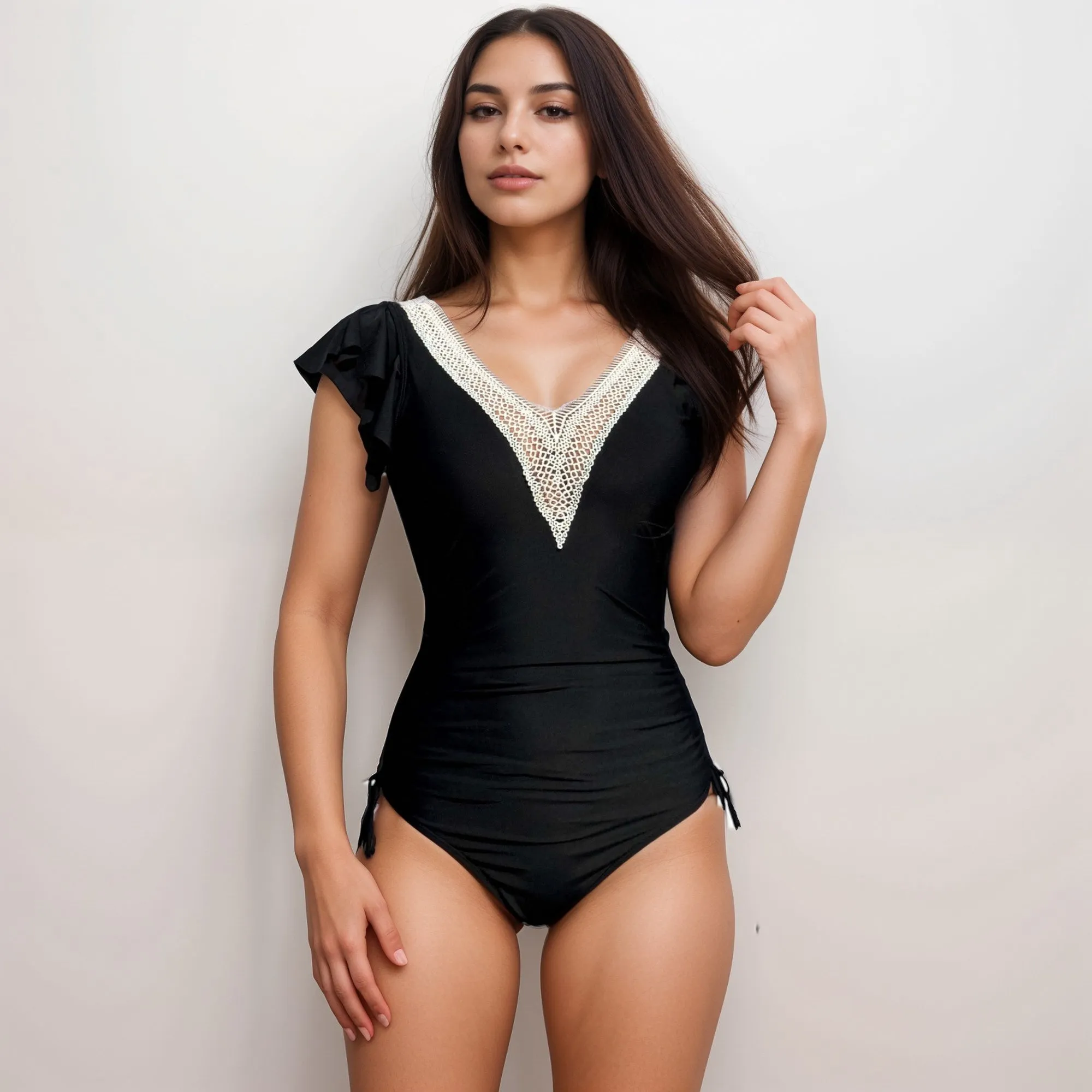 Anna-Kaci Swim Women's One Piece Swimsuit with Crochet V-Neckline and Flutter Cap Sleeves sold by Anna-Kaci product image thumbnail 4