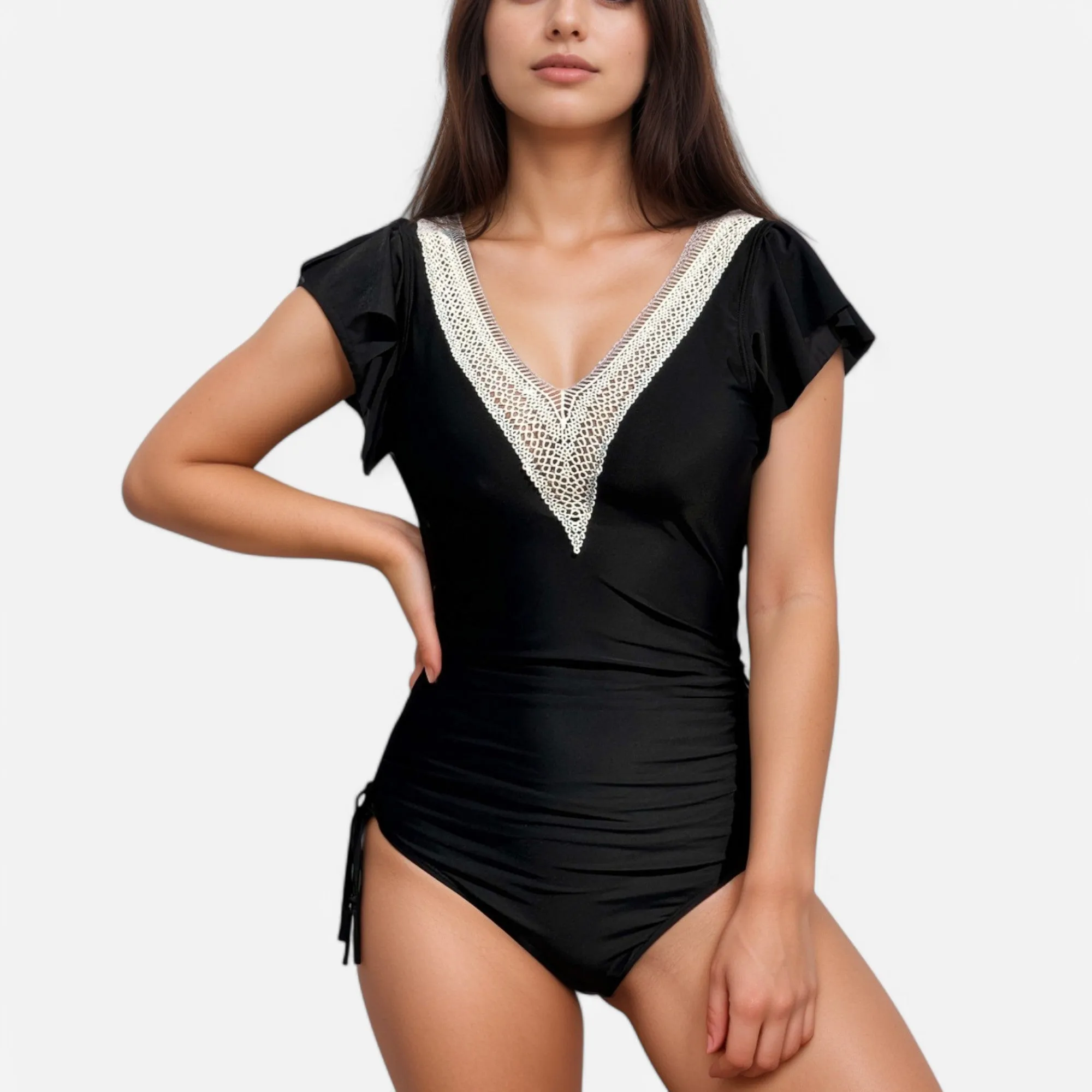 Anna-Kaci Swim Women's One Piece Swimsuit with Crochet V-Neckline and Flutter Cap Sleeves sold by Anna-Kaci