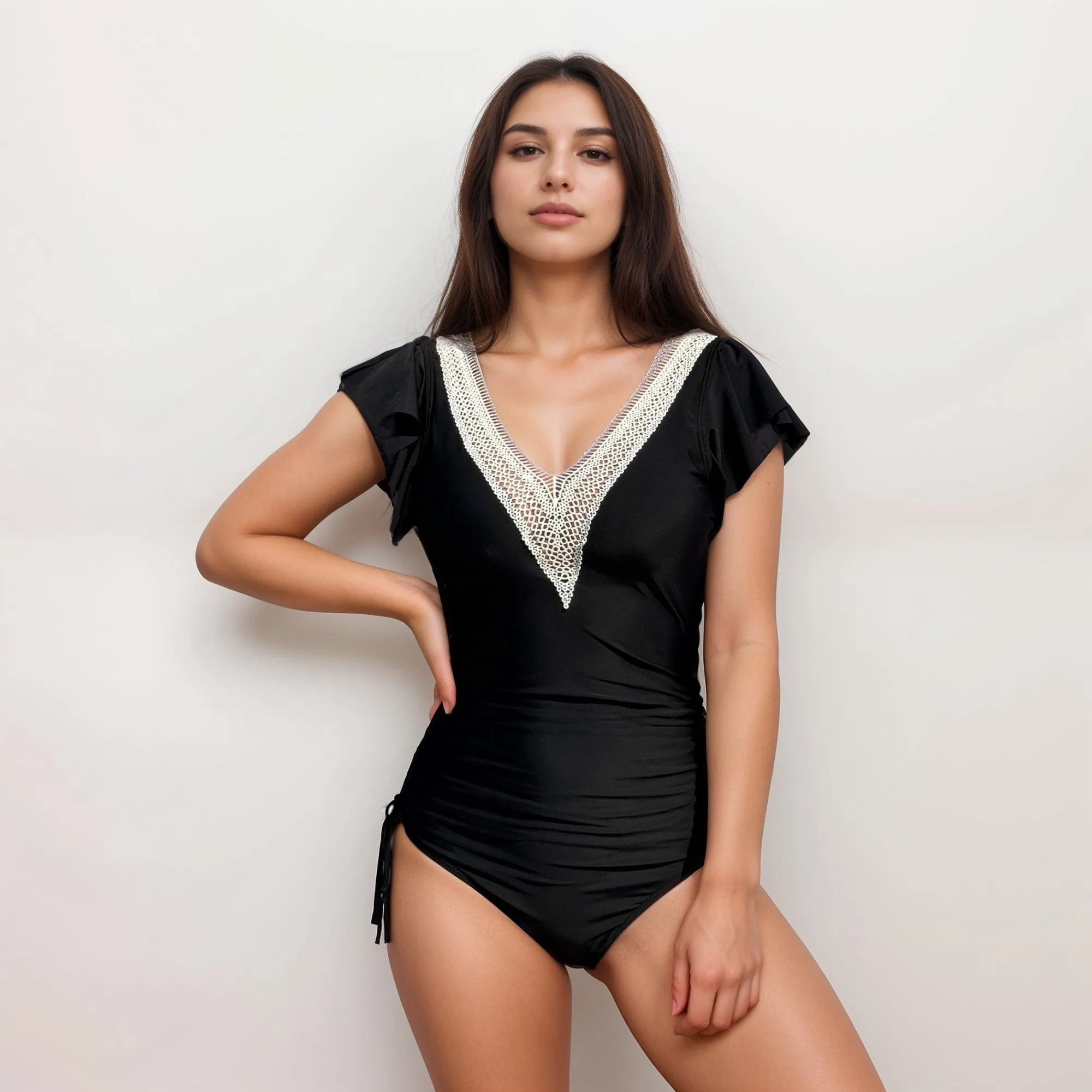 Anna-Kaci Swim Women's One Piece Swimsuit with Crochet V-Neckline and Flutter Cap Sleeves sold by Anna-Kaci product image thumbnail 2