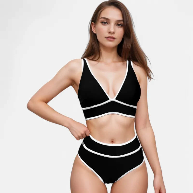 Anna-Kaci Swim Women's High Waist Bikini Set with White Contrast Piping and Wide Band Triangle Top sold by Anna-Kaci