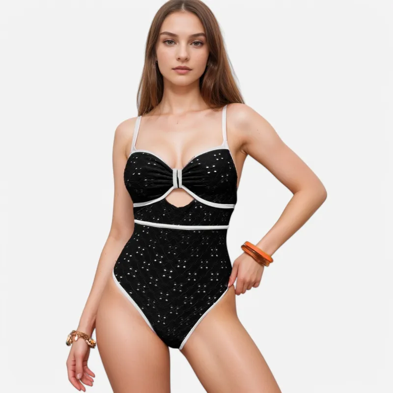 Anna-Kaci Swim Women's Eyelet Lace One Piece Swimsuit with Keyhole Cutout and Contrast Trim Detail sold by Anna-Kaci