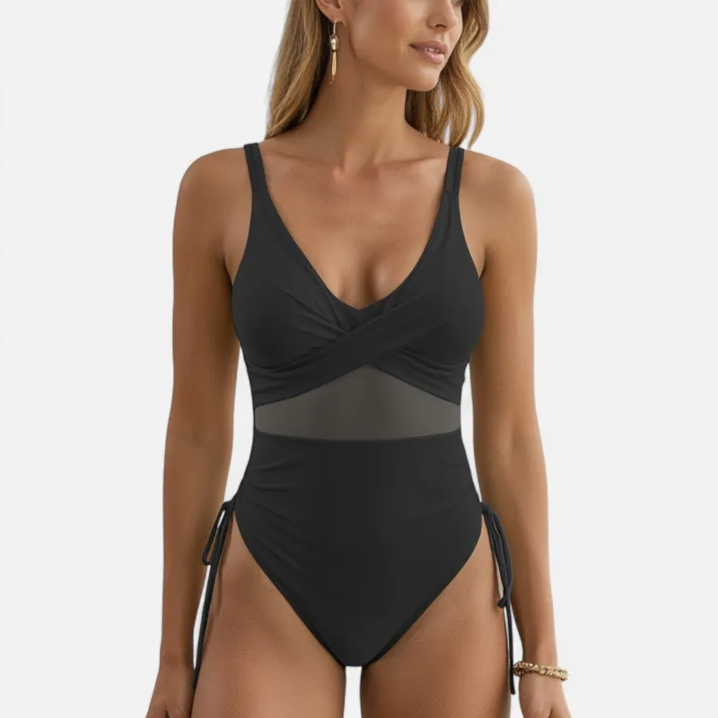 Anna-Kaci Swim Women's Mesh Panel One Piece Swimsuit with Crisscross Bust Detail and Adjustable Side Tie Accents sold by Anna-Kaci