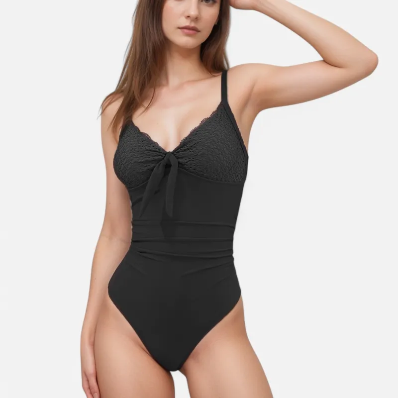 Anna-Kaci Swim Women's One Piece Swimsuit with Textured Bodice Front Tie Detail and Ruched Waist sold by Anna-Kaci