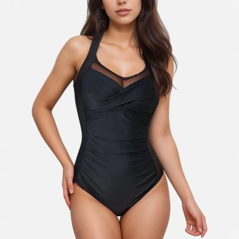 Anna-Kaci Swim Women's Mesh Panel One Piece Swimsuit with Halter Neck and Ruched Waist Detail made by Anna-Kaci