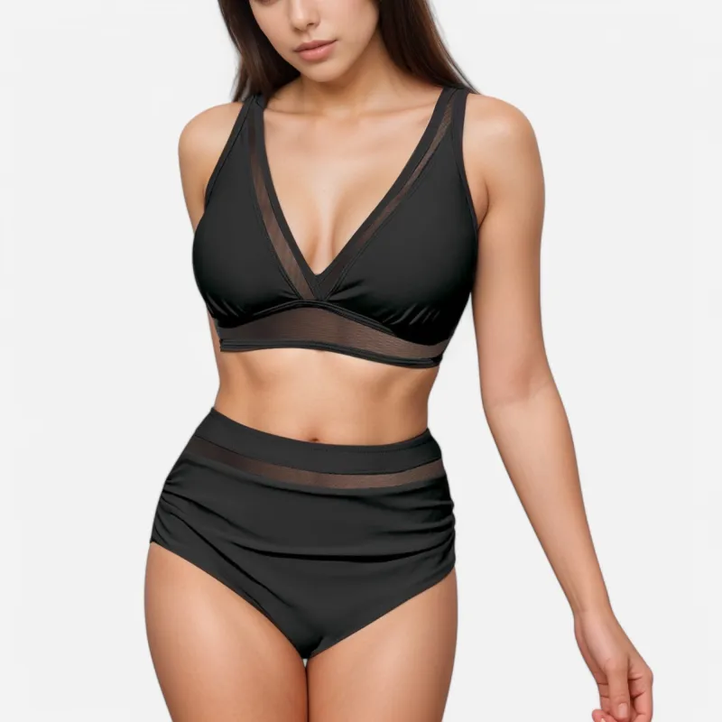 Anna-Kaci Swim Women's Two Piece Swimsuit with Mesh Trim Deep V Neck Bikini Top and High Waisted Ruched Bottoms sold by Anna-Kaci