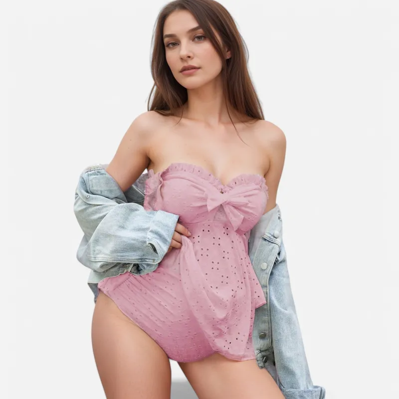 Anna-Kaci Swim Women's Maternity Strapless Eyelet Lace One-Piece Swimsuit with Ruffled Trim and Sheer Bow Overlay sold by Anna-Kaci