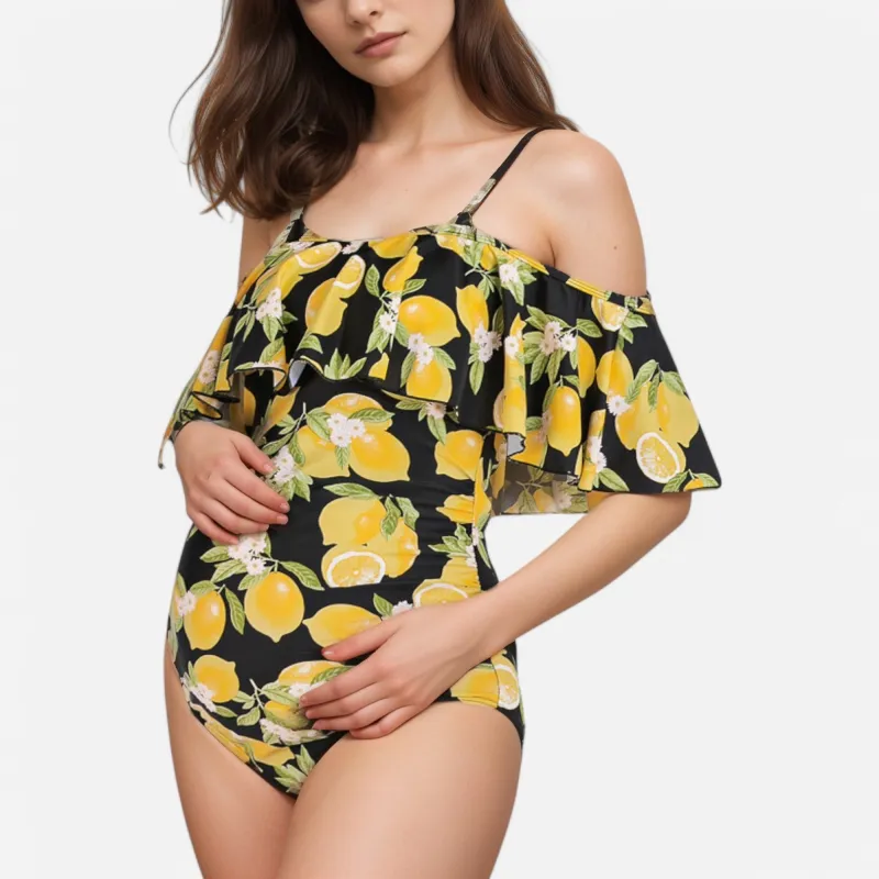 Anna-Kaci Swim Women's Lemon Print Off-Shoulder Maternity Swimsuit with Ruffle Overlay and Adjustable Spaghetti Straps sold by Anna-Kaci