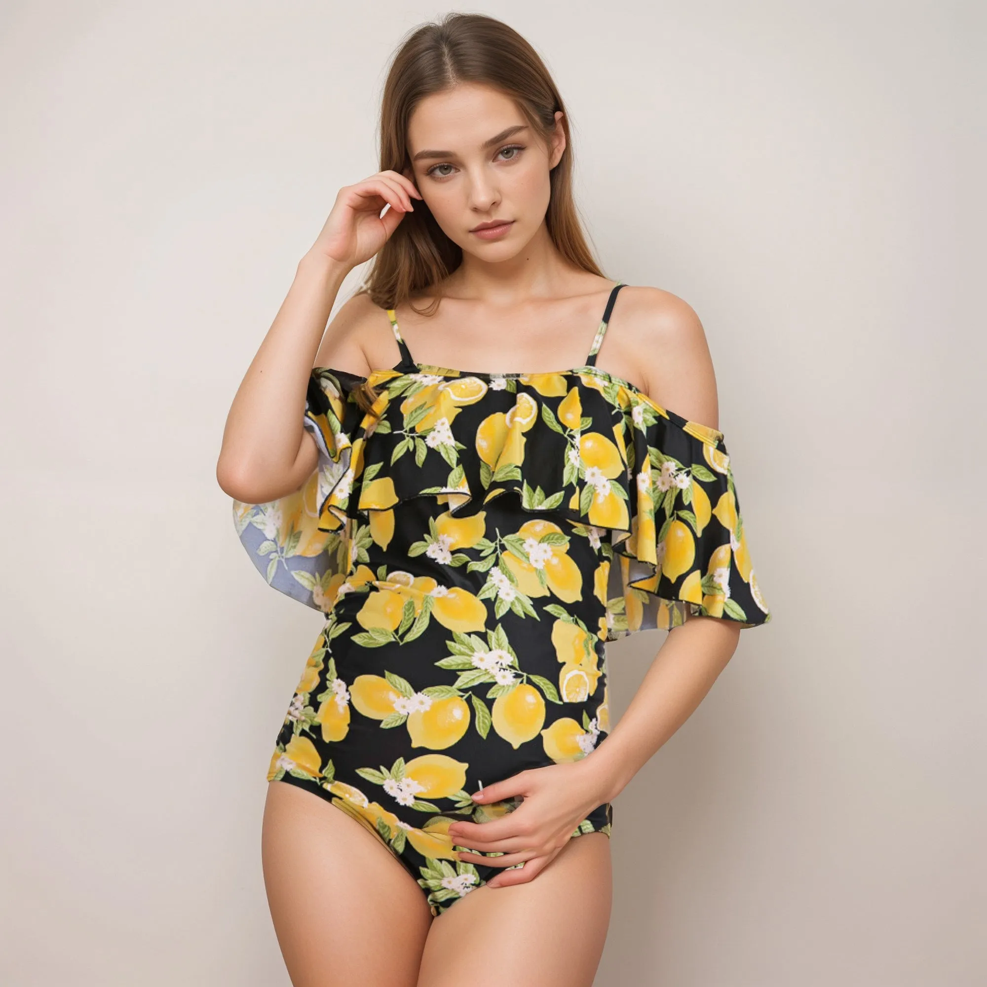 Anna-Kaci Swim Women's Lemon Print Off-Shoulder Maternity Swimsuit with Ruffle Overlay and Adjustable Spaghetti Straps sold by Anna-Kaci product image thumbnail 2