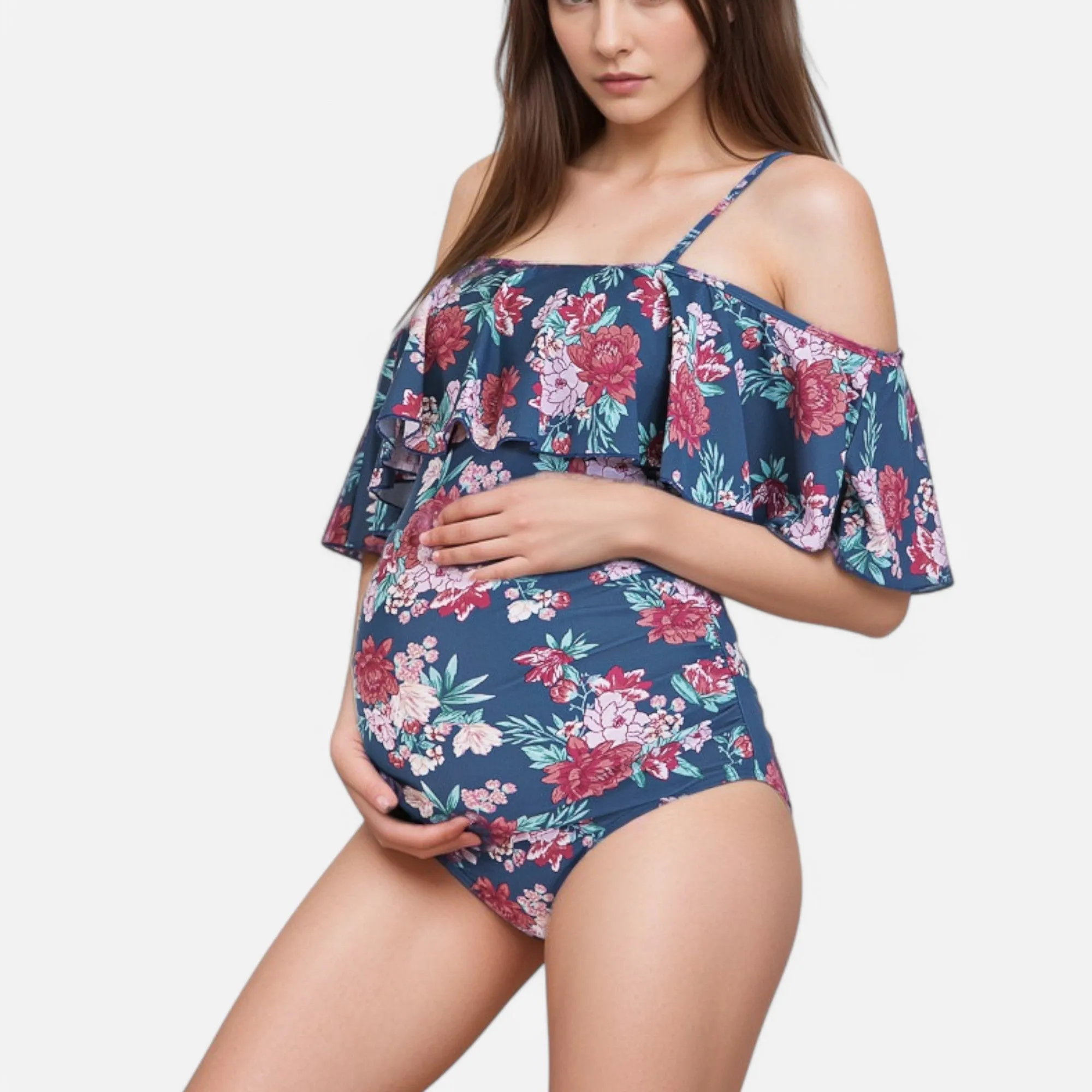 Anna-Kaci Swim Women's Ruffle Off-Shoulder Floral Maternity Swimsuit with Adjustable Straps and Ruched Belly Support sold by Anna-Kaci
