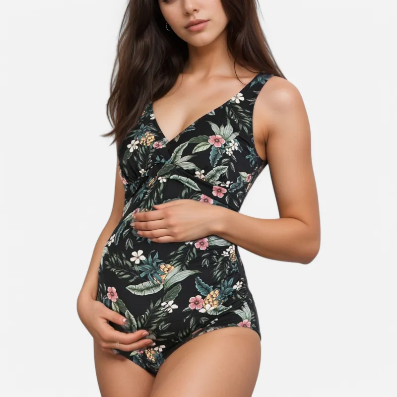 Anna-Kaci Swim Women's Tropical Print One-Piece Maternity Swimsuit with V-Neck and Ruched Sides for Growing Belly sold by Anna-Kaci