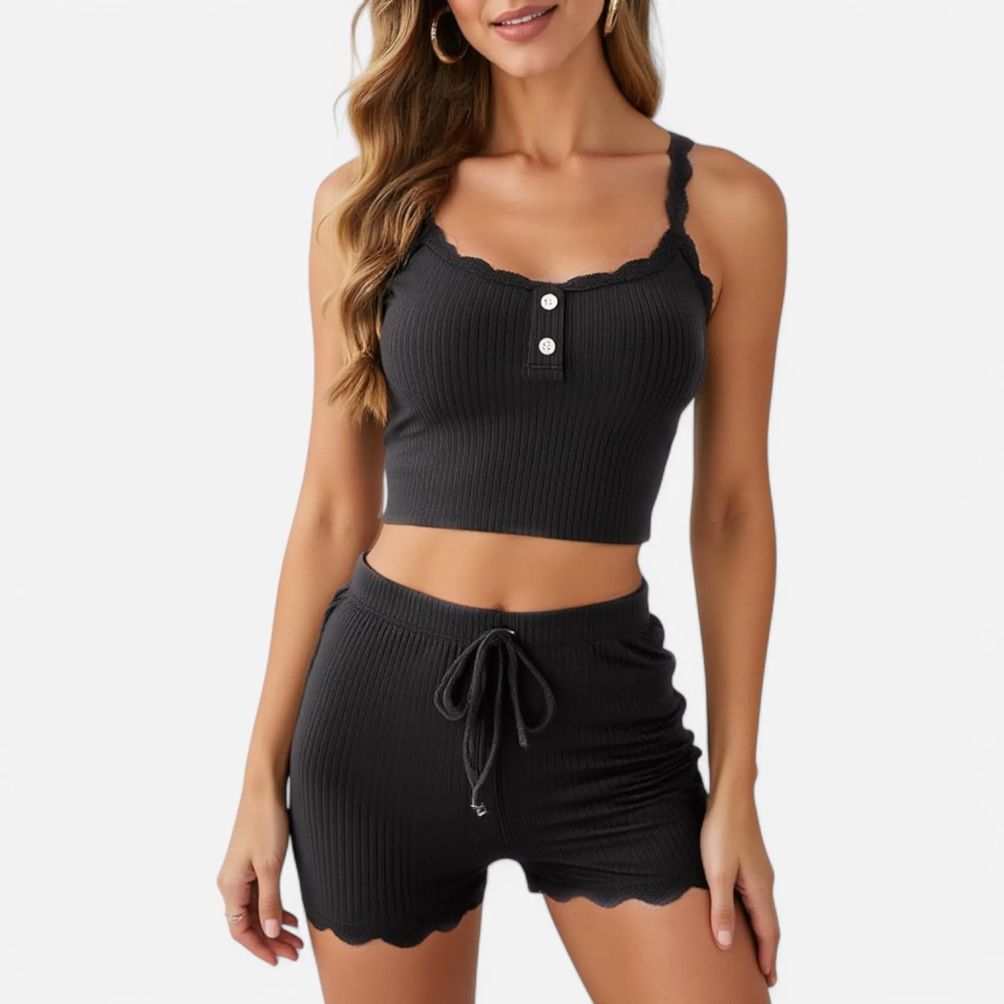 Anna-Kaci Lounge Women's Ribbed Lace Trim Pajama Set with Button Front and Drawstring Shorts sold by Anna-Kaci