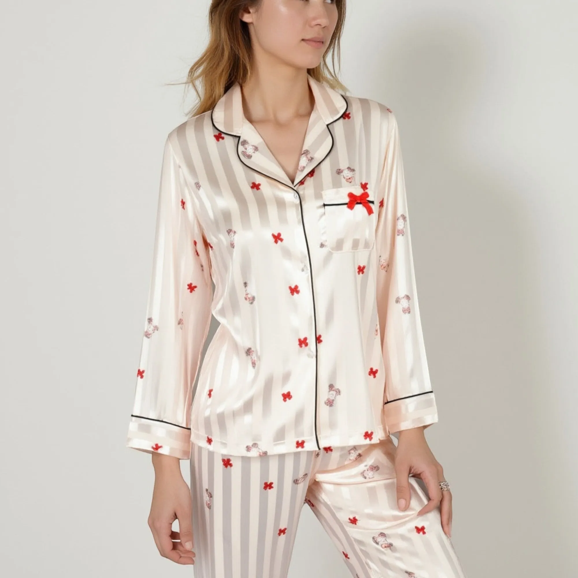 Anna-Kaci Lounge Women's Satin Pajama Set with Striped Print Contrast Trim and Long Sleeve Button-Up Top sold by Anna-Kaci product image thumbnail 3