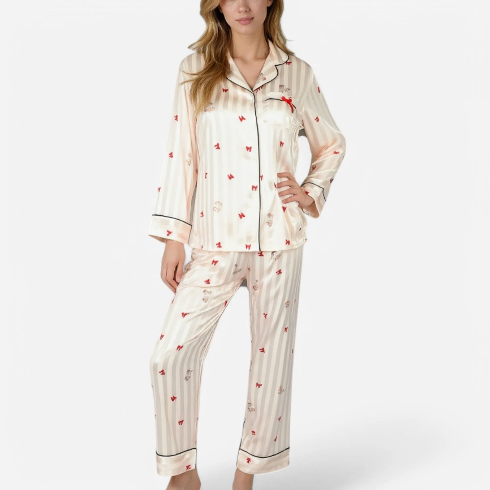 Anna-Kaci Lounge Women's Satin Pajama Set with Striped Print Contrast Trim and Long Sleeve Button-Up Top sold by Anna-Kaci