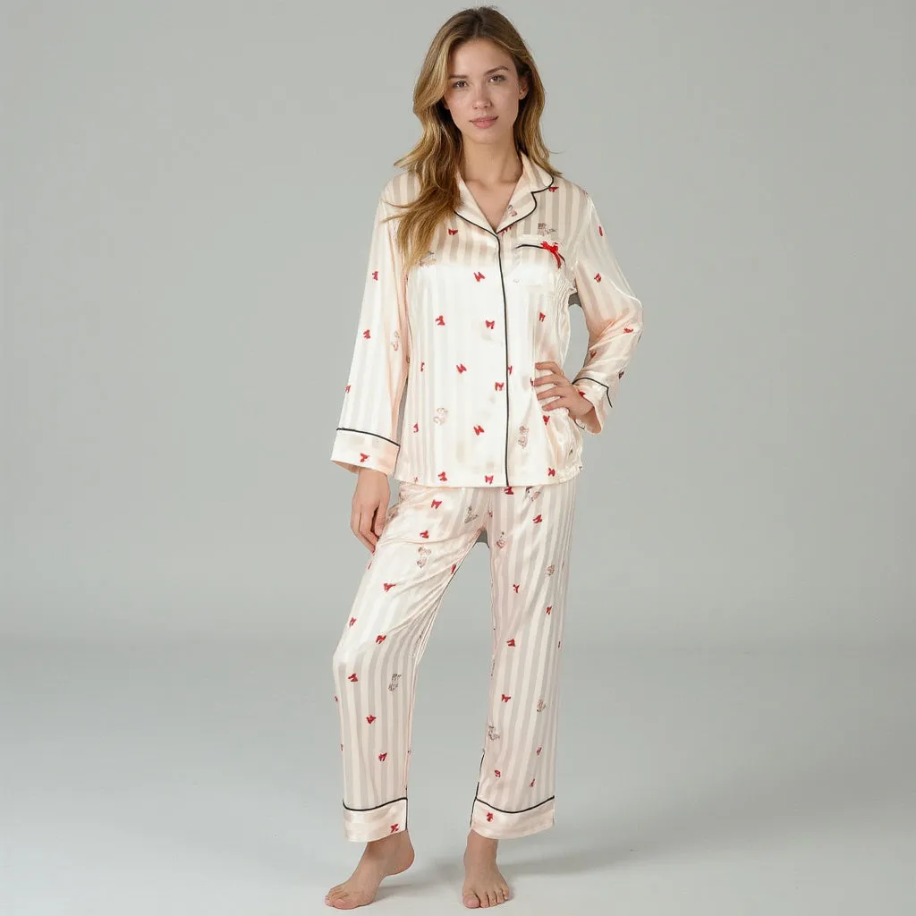 Anna-Kaci Lounge Women's Satin Pajama Set with Striped Print Contrast Trim and Long Sleeve Button-Up Top sold by Anna-Kaci product image thumbnail 2