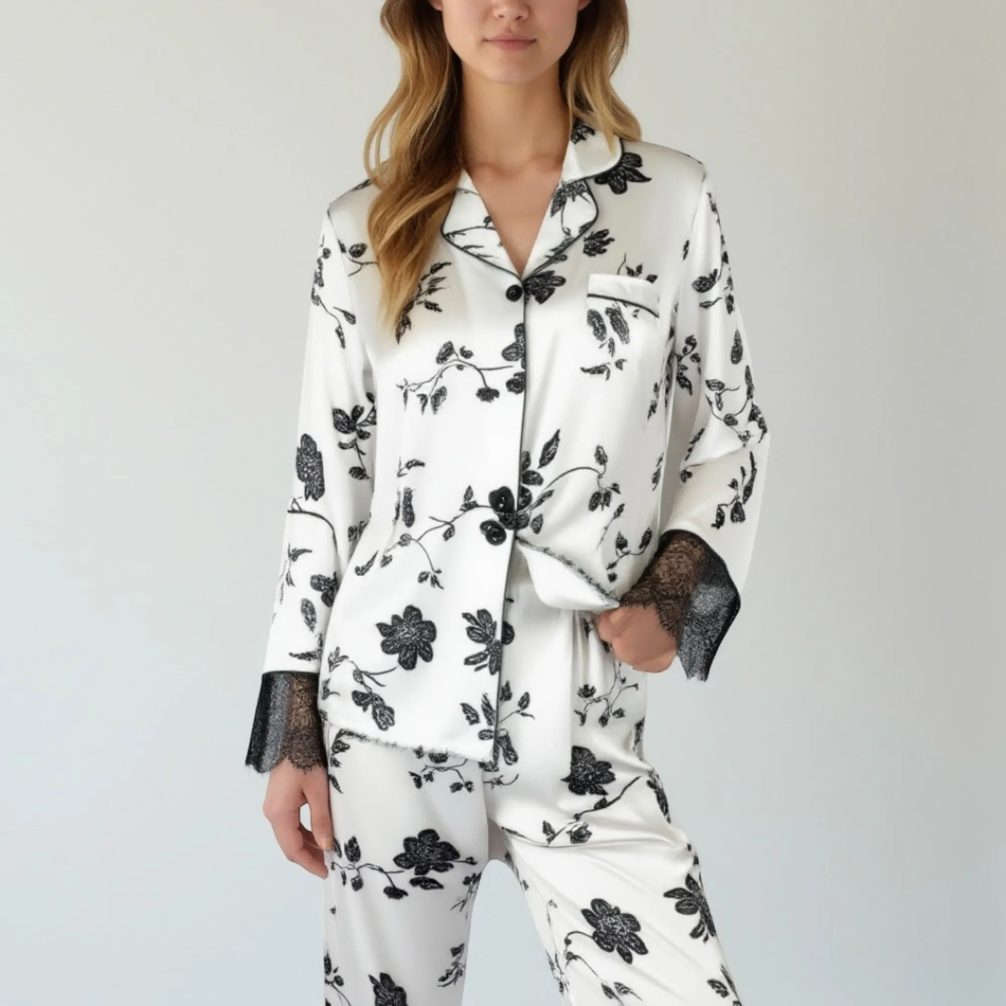 Anna-Kaci Lounge Women's Satin Pajama Set with Floral Print Long Sleeves and Lace Trim Cuffs and Hem sold by Anna-Kaci product image thumbnail 4