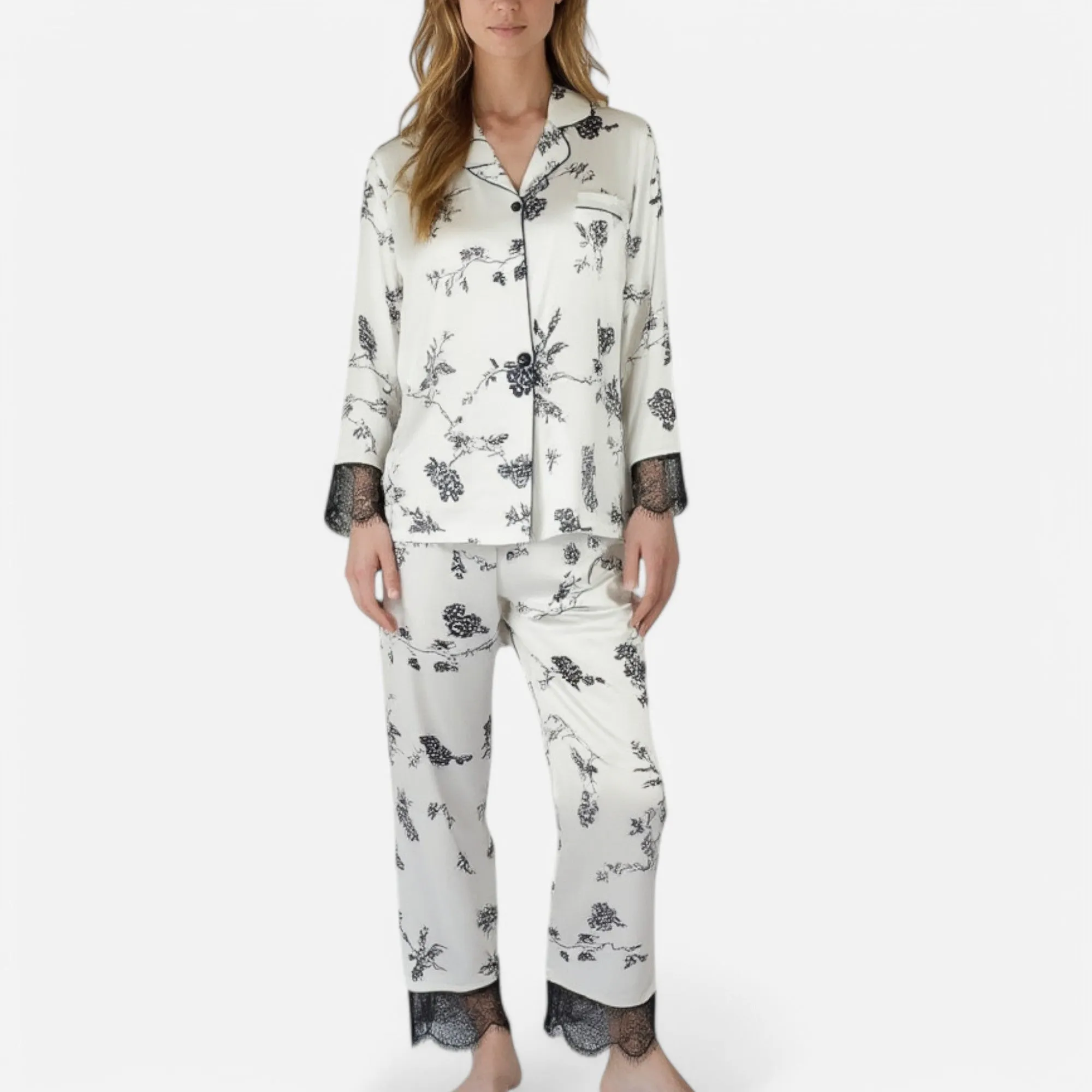 Anna-Kaci Lounge Women's Satin Pajama Set with Floral Print Long Sleeves and Lace Trim Cuffs and Hem sold by Anna-Kaci