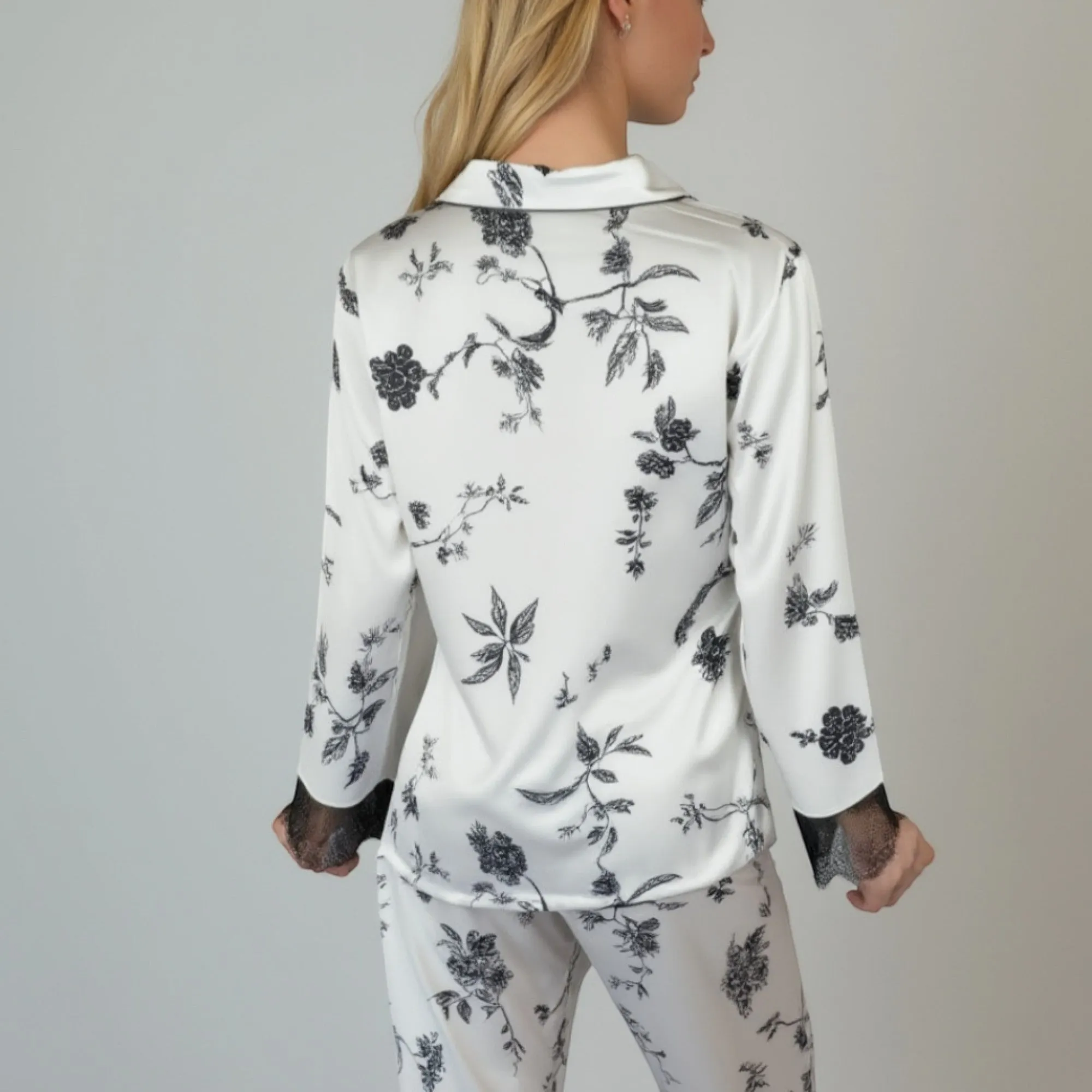 Anna-Kaci Lounge Women's Satin Pajama Set with Floral Print Long Sleeves and Lace Trim Cuffs and Hem sold by Anna-Kaci product image thumbnail 5