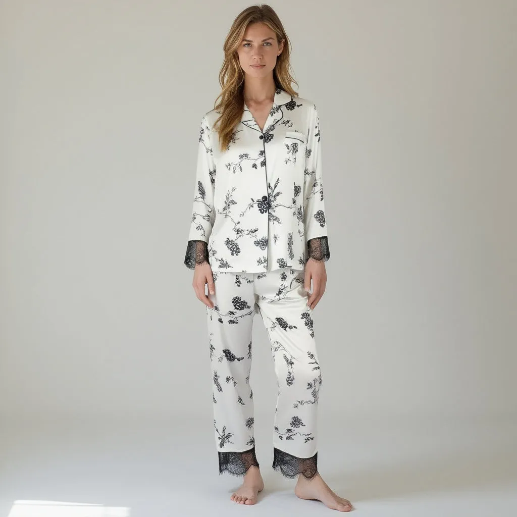 Anna-Kaci Lounge Women's Satin Pajama Set with Floral Print Long Sleeves and Lace Trim Cuffs and Hem sold by Anna-Kaci product image thumbnail 2